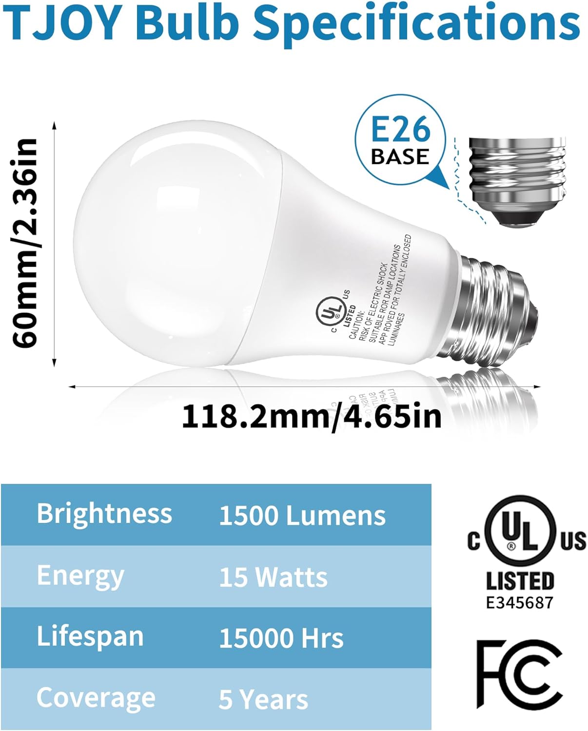 TJOY 10 Pack LED Light Bulbs, 100 Watt Equivalent A19, 5000K Daylight LED Bulb, 15W Bright White Energy Saving Lightbulbs with E26 Standard Base, 1500 Lumens Non Dimmable Lamp for Home Bedroom Indoor