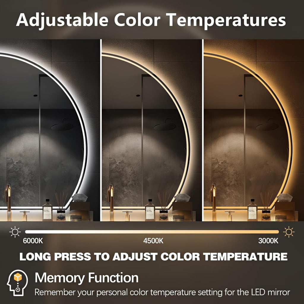 Niccy Half Moon Led Mirror for Bathroom, 32" Semi Round Backlit Mirror for Wall Lighted Mirror with Frameless 3 Color, Defogger, Explosion-Proof, HD Glass and IP65 Vanity Mirror