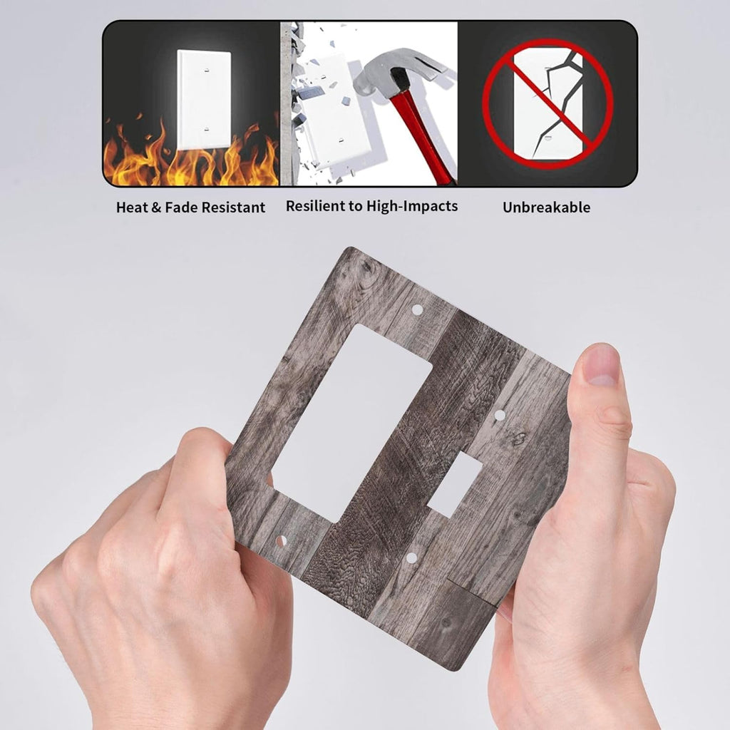 Outlet Covers Rustic Dark Grey Wood Retro Country Wooden 1 Toggle 1 Rocker Combination Decorative Wall Plate Electrical Switch Plates Light Switch Cover Plate for Farmhouse Cabin Decor