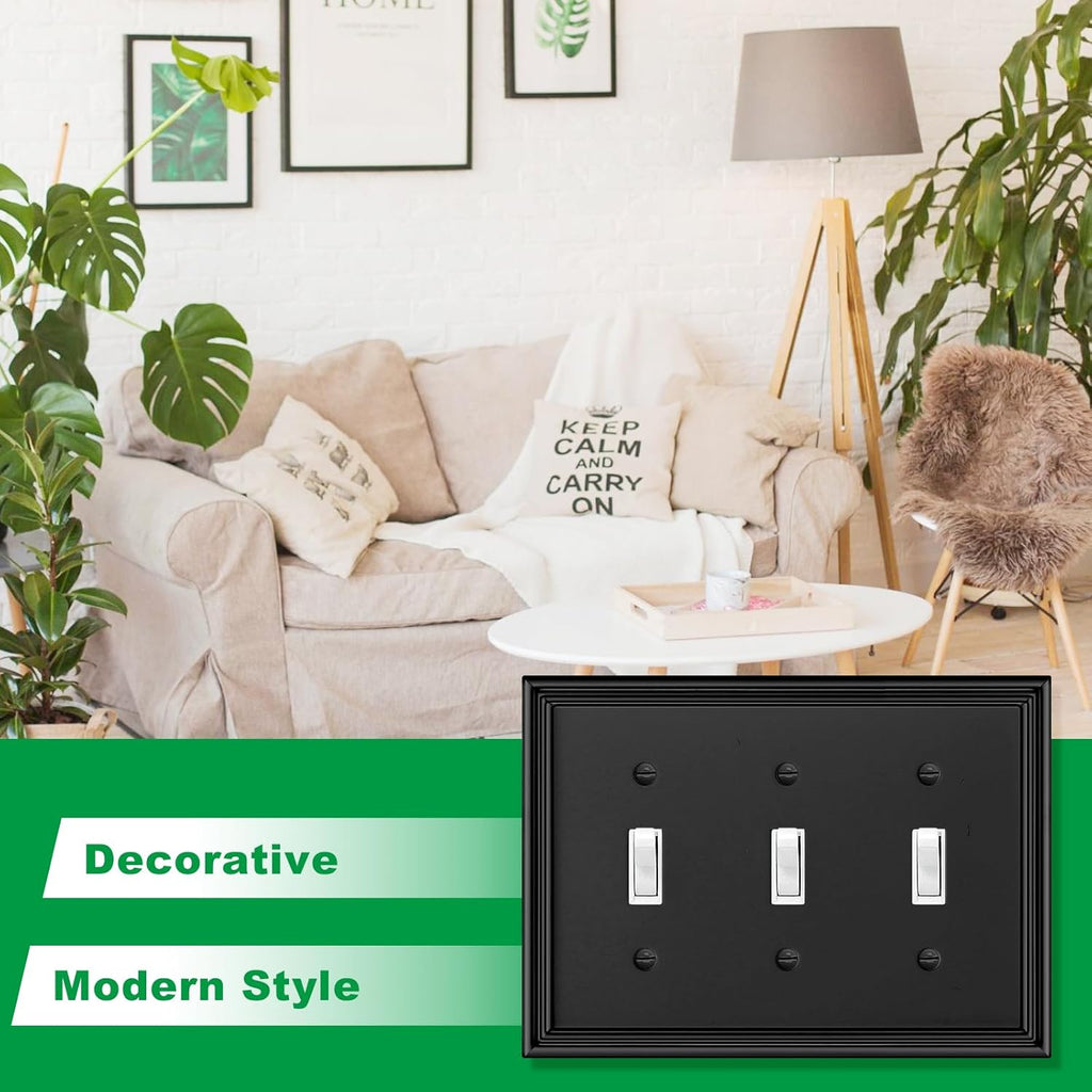 Black Modern Decorative Wall Plate Light Switch Cover Decorator Outlet Covers Rocker Switch Plates Bamboo Fiber Material Wall Plates for Kitchen Bathroom (3 Gang Triple Toggle-1 Pack)