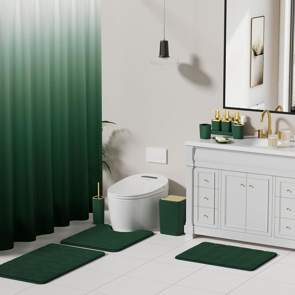 Bathroom Sets with Shower Curtain and Rugs, 27PC Bathroom Accessory Set, Green Bathroom Set, Green and Gold Bathroom Accessories Set with Trash Can, Toilet Brush and Soap Dispensers