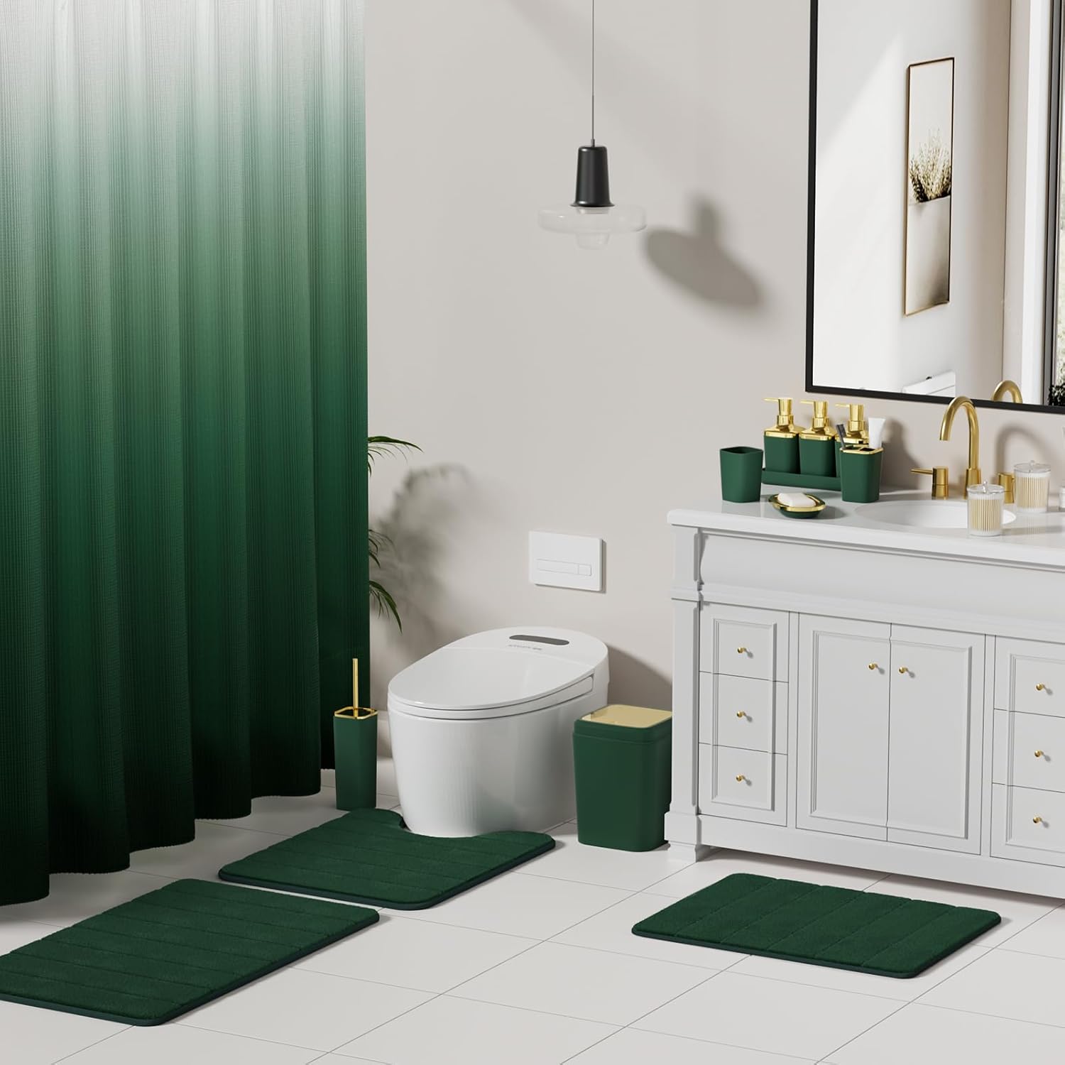 Bathroom Sets with Shower Curtain and Rugs, 27PC Bathroom Accessory Set, Green Bathroom Set, Green and Gold Bathroom Accessories Set with Trash Can, Toilet Brush and Soap Dispensers