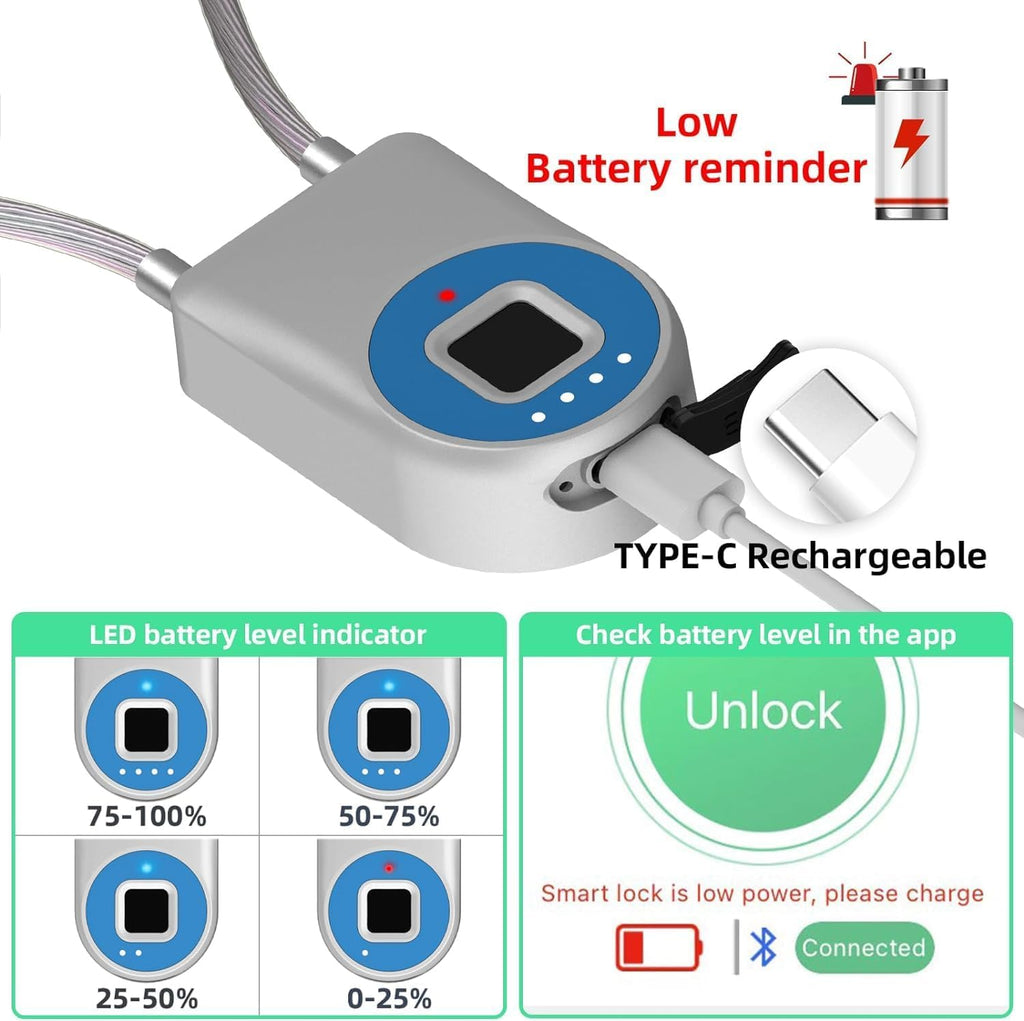 Cord Padlock Waterproof Fingerprint Cable Lock eLinksmart Bluetooth App Bike Lock Outdoor Travel Lock - 38cm Steel Cable Lock for Kids Adults Fridge French Door Small Folding Bicycle Helmet
