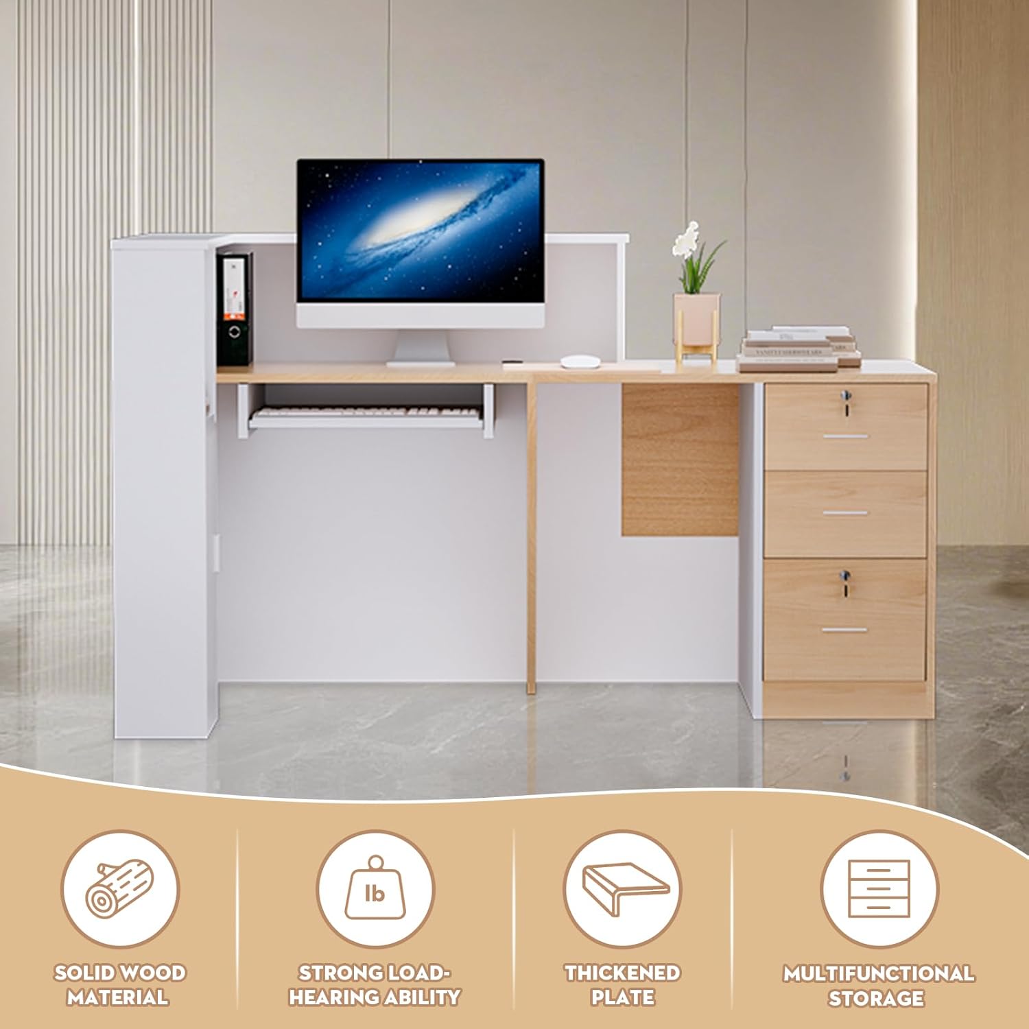 L-Shaped Modern Reception Desk with Counter & Storage - 71" Large Office Front Desk, Salon Checkout Counter with Lockable Cabinets, Shelves (Oak & White, Right - 71''L x 34''W x 41''H)