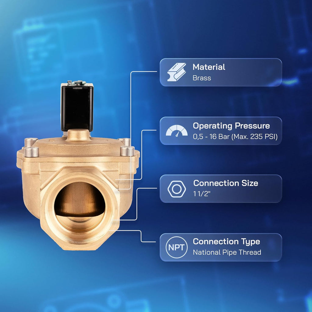 UNOX 1 1/2" NPT Solenoid Valve 12V DC, Brass Control Valve Normally Closed - 7-232 PSI Multi-Purpose Reliable Control Valve for Water, Air, and Gas - Solenoid Valves
