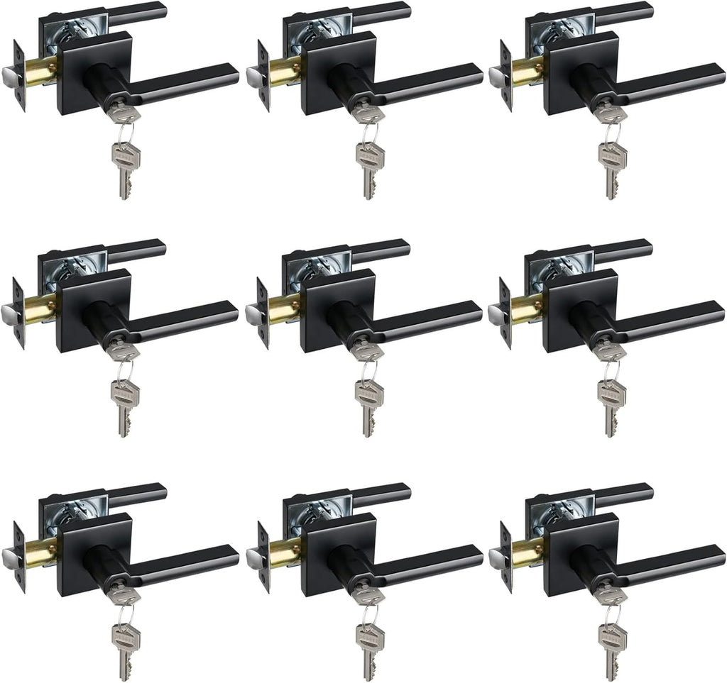 Keyed Entry Door Lever with Lock, Heavy Duty Square Interior Handle for Front Door and Office, Matte Black, Reversible for Right&Left Handed, 9Packs