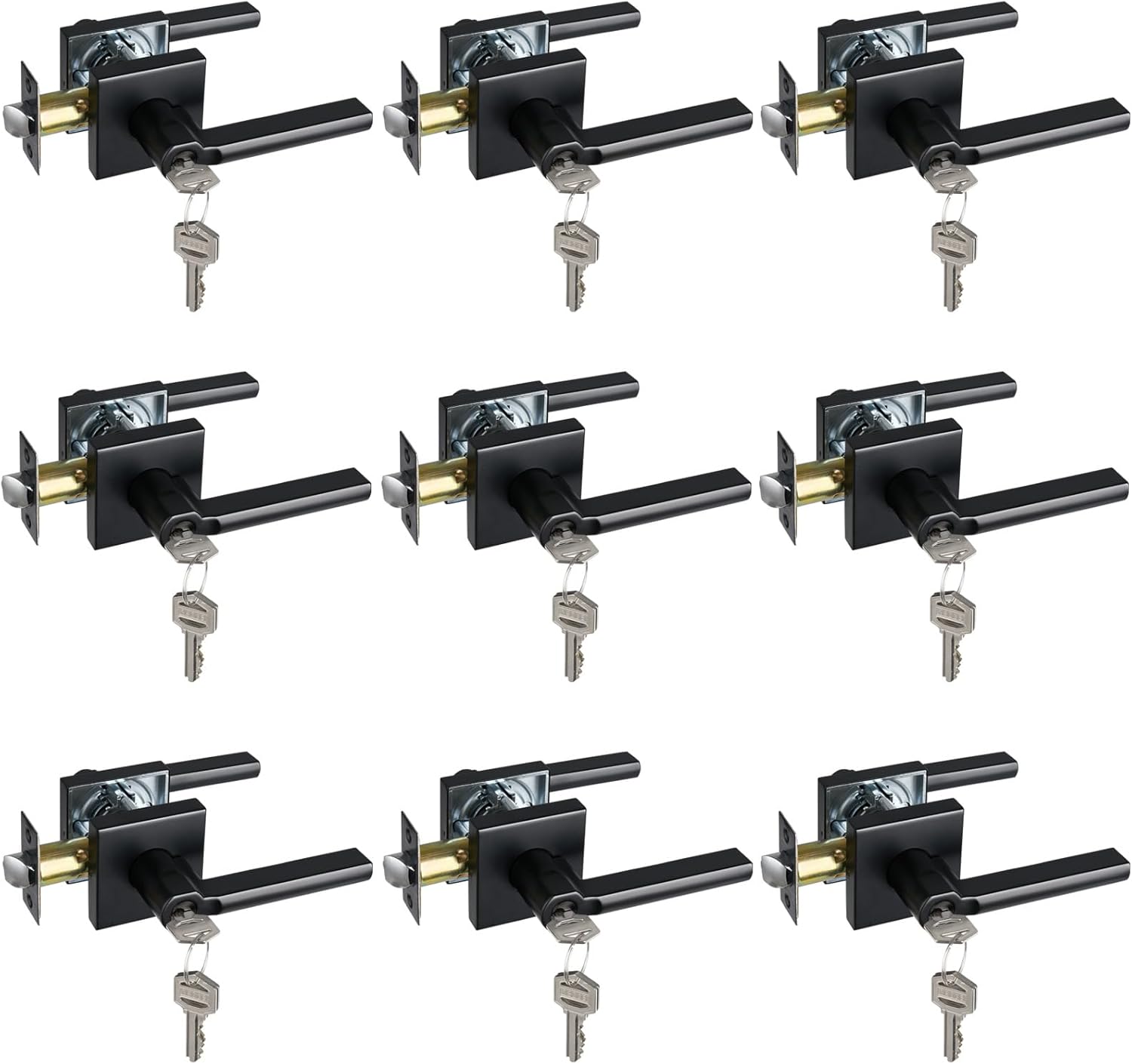 Keyed Entry Door Lever with Lock, Heavy Duty Square Interior Handle for Front Door and Office, Matte Black, Reversible for Right&Left Handed, 9Packs