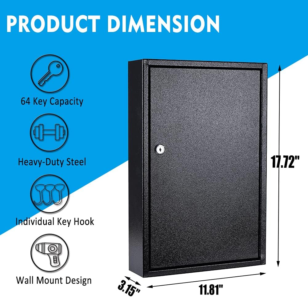 UMEKEN Metal Key Cabinet - 64 Position Wall Mount Car Key Lock Box with Key Tags - Vehicle Key Organizer Storage Locker, Black, 11.81" x 3.15" x 17.72"