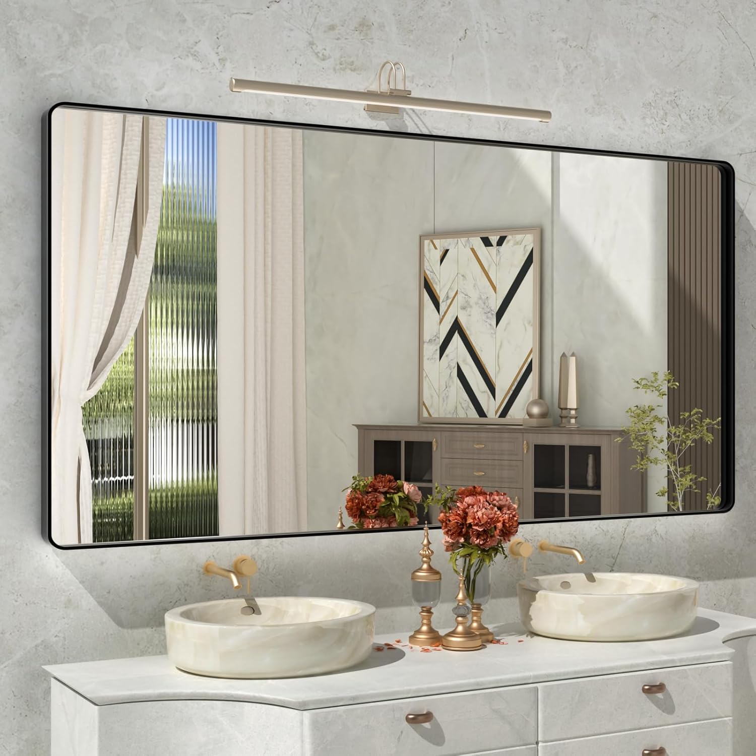 72x36 Inch Black Mirror for Bathroom,Black Metal Frame Vanity Mirror for Wall,Large Rounded Corner Rectangle Matte Black Mirror,Tempered Glass,Anti-Rust (Horizontal/Vertical)