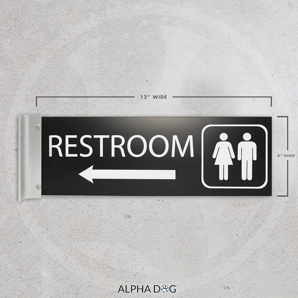 ALPHA DOG SIGNS Corridor Projecting Hallway Bathroom Sign, Left Arrow, 4"x12" Double Sided, Indoor/Outdoor, Easy Install, Durable Business Wayfinding Plaque, USA-Made (Black)