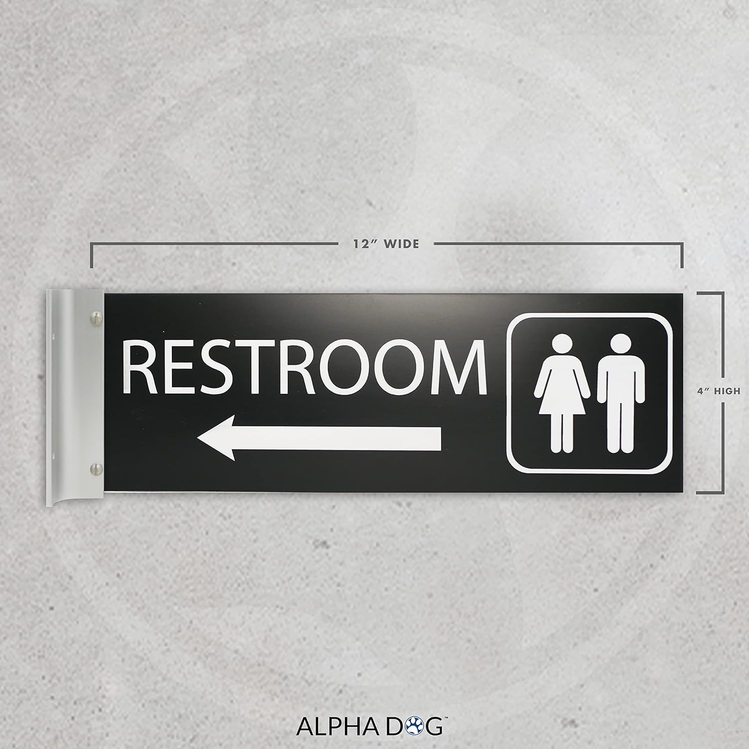 ALPHA DOG SIGNS Corridor Projecting Hallway Bathroom Sign, Left Arrow, 4"x12" Double Sided, Indoor/Outdoor, Easy Install, Durable Business Wayfinding Plaque, USA-Made (Black)