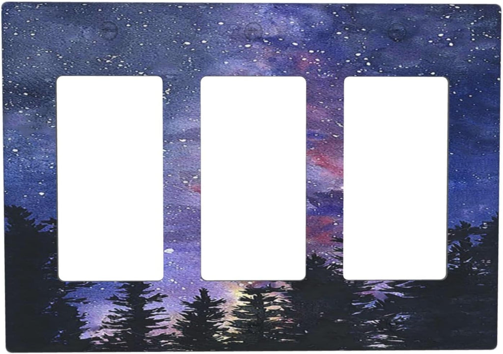 Light Switch Covers Dream Milky Way Starry Forest Pine Watercolor Painting 3 Gang Rocker Electrical GFCI Decorative Triple Outlet Wall Plate Cover Switchplate for Bedroom Home Decor