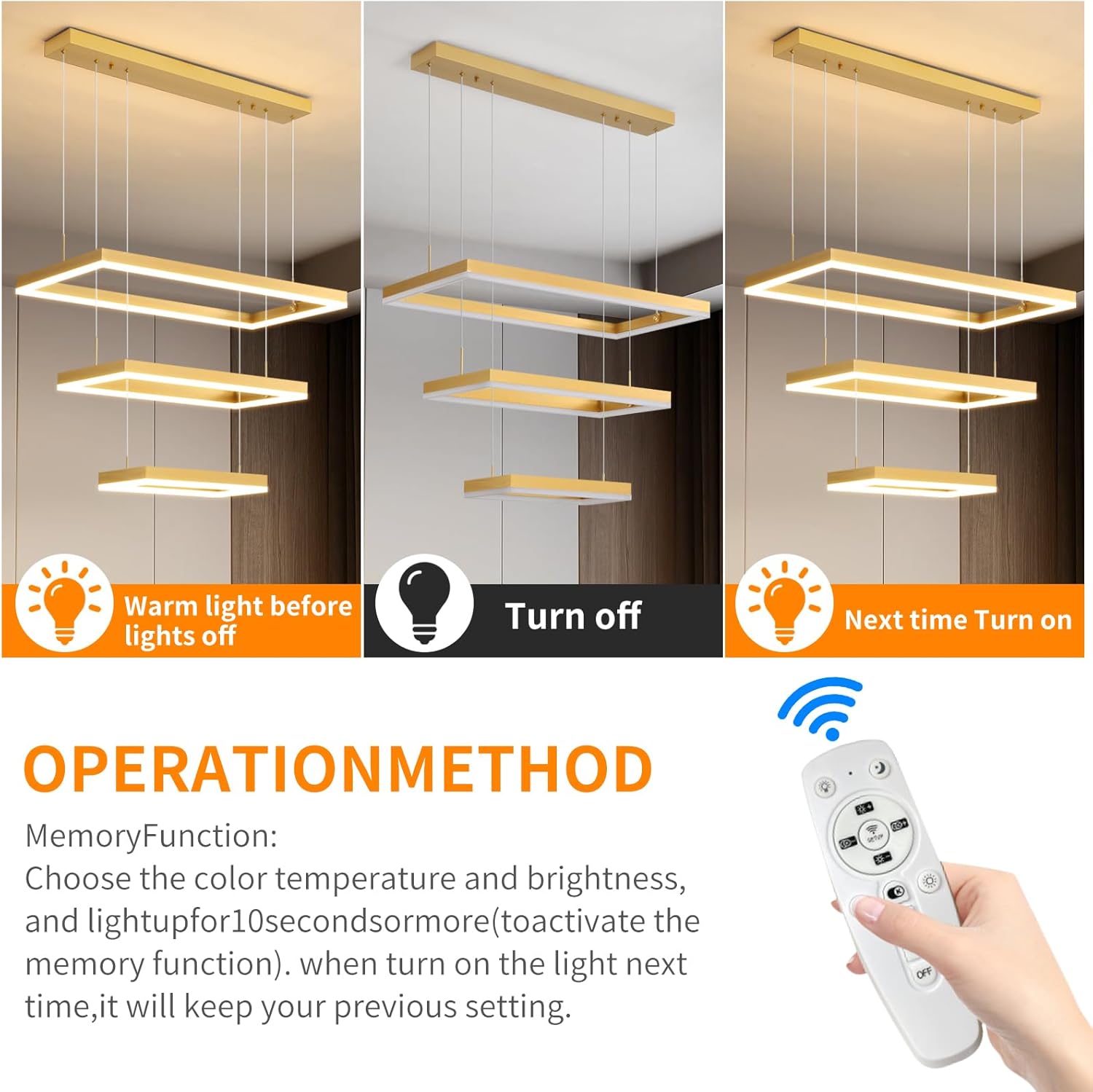 Modern Chandeliers for Living Dining Room, 3-Ring Rectangular LED Chandelier Light Fixture with Remote Control Dimming, Hanging Pendant Light with Adjustable Height, Gold
