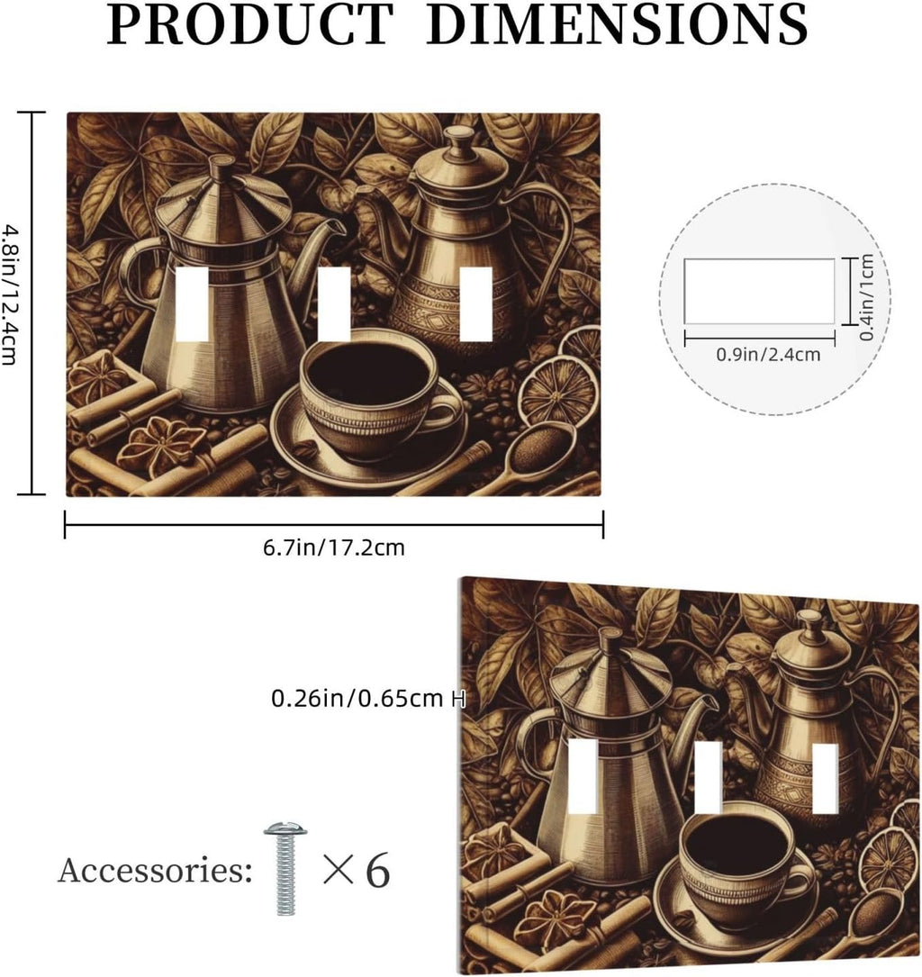 Decorative Light Switch Cover Plate Vintage Coffee Beans Leaf Cup 3 Gang Wall Plate Oversized Triple Toggle Switch Cover Plate Jumbo Faceplate for Kitchen Home Decor