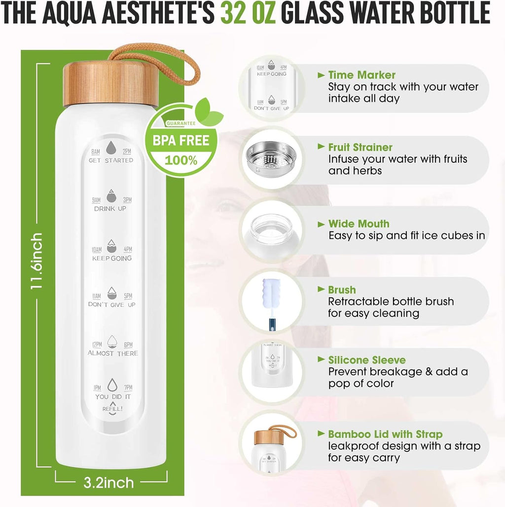 Aqulea Glass Water Bottles 32 Oz with Silicone Sleeve - BPA Free Reusable Wide Mouth Glass Motivational Water Bottles with Fruit Infuser – Leak Proof Borosilicate Water Bottle with Time Marker (White)