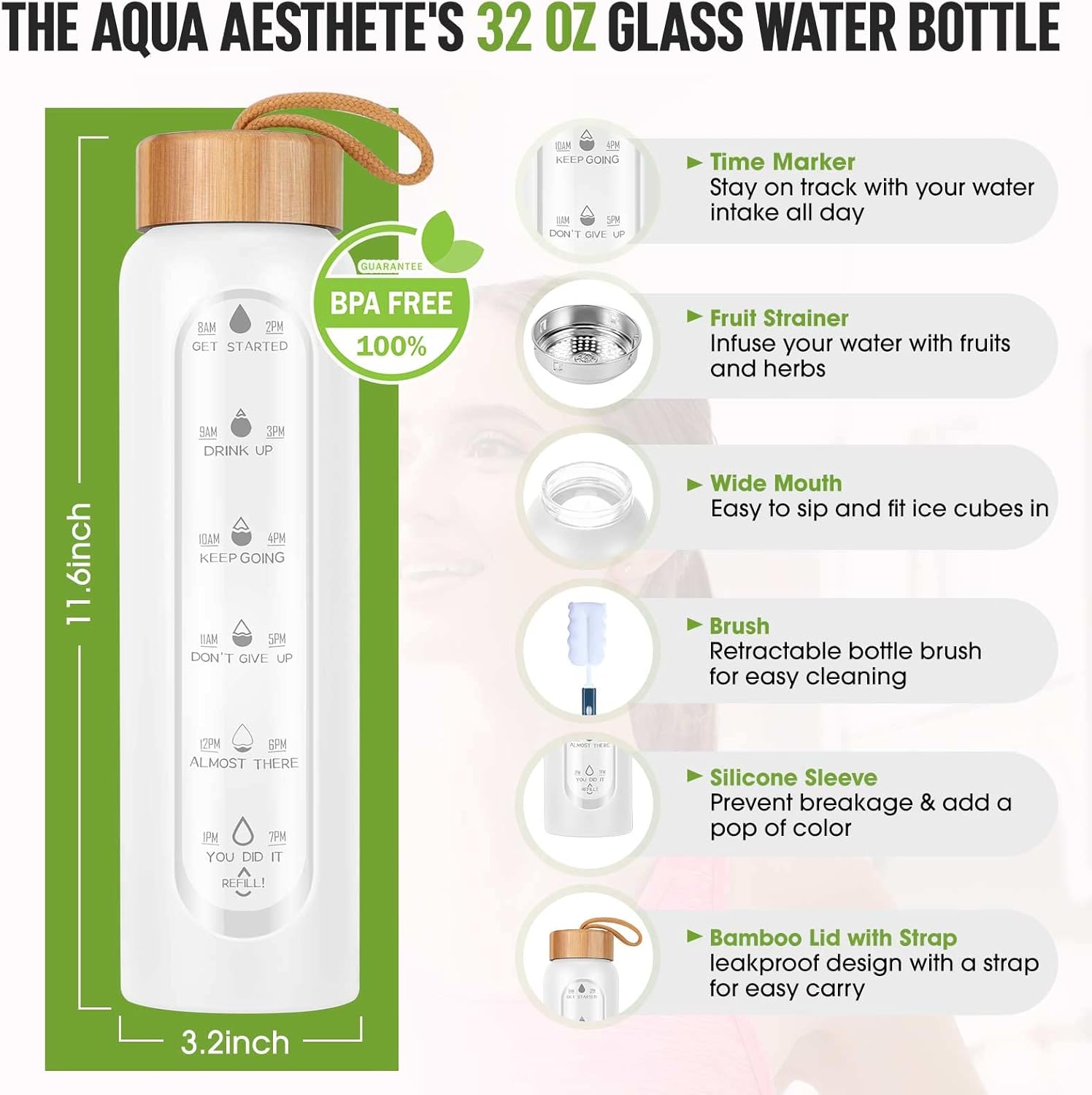 Aqulea Glass Water Bottles 32 Oz with Silicone Sleeve - BPA Free Reusable Wide Mouth Glass Motivational Water Bottles with Fruit Infuser – Leak Proof Borosilicate Water Bottle with Time Marker (White)