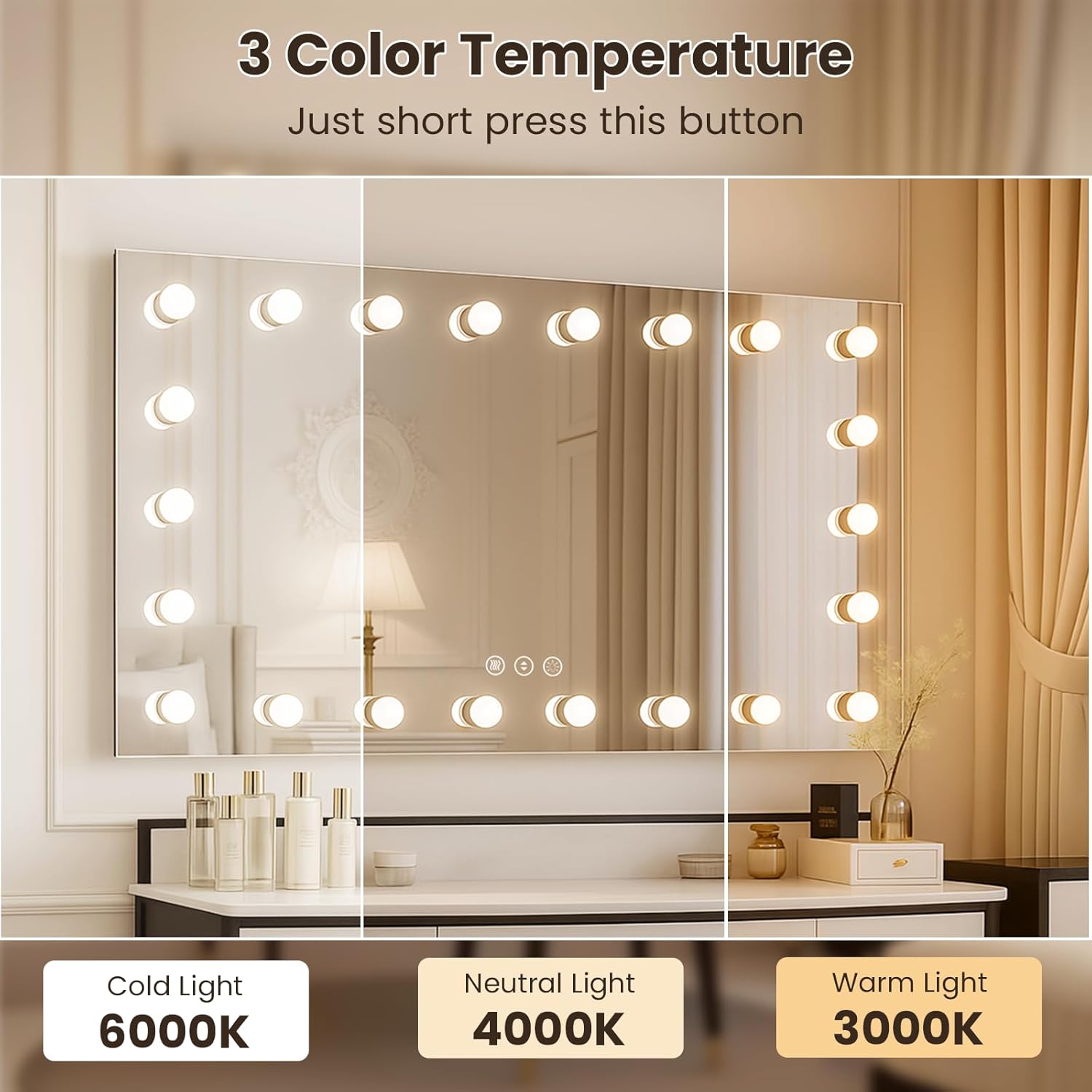 WTTY LED Bathroom Mirror with Lights 60"x36" Hollywood Wall-Mounted Mirror with 3 Color Temperatures, Stepless Dimmable Bulbs, Anti-Fog & Shatter-Proof