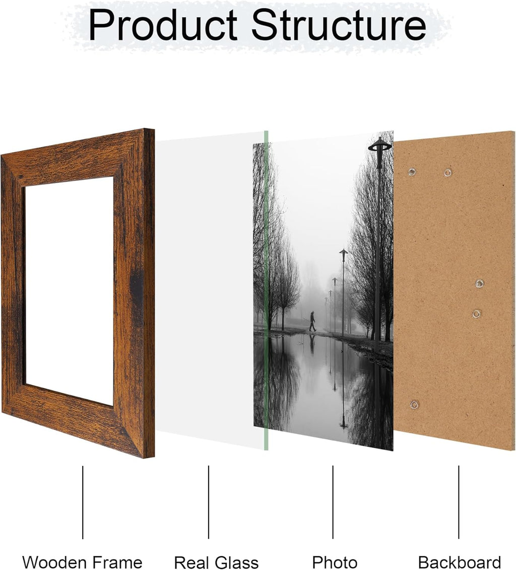 iRahmen 5x7 Picture Frame Set of 4, High Definition Glass 5 x 7 Frame, Wood Rustic Photo Frames for Horizontal or Vertical Display Tabletop and Wall Mounting, Dark Brown
