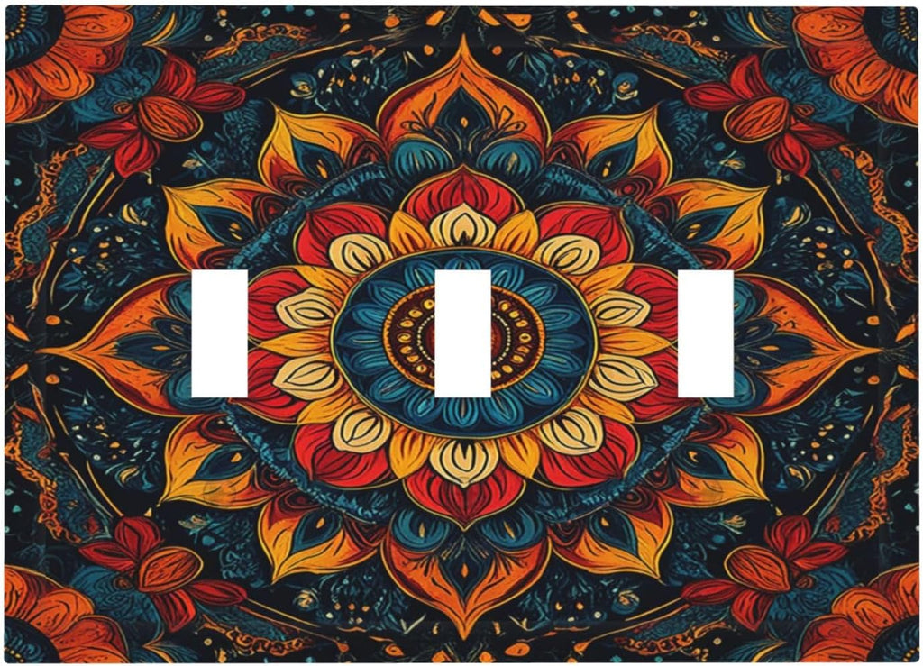 Light Switch Covers Boho Colorful Mandala 3 Gang Wall Plates Triple Toggle Outlet Cover Decorative Switchplates Electrical Panel Cover for Kitchen Living Room 4.8 X 6.7 IN