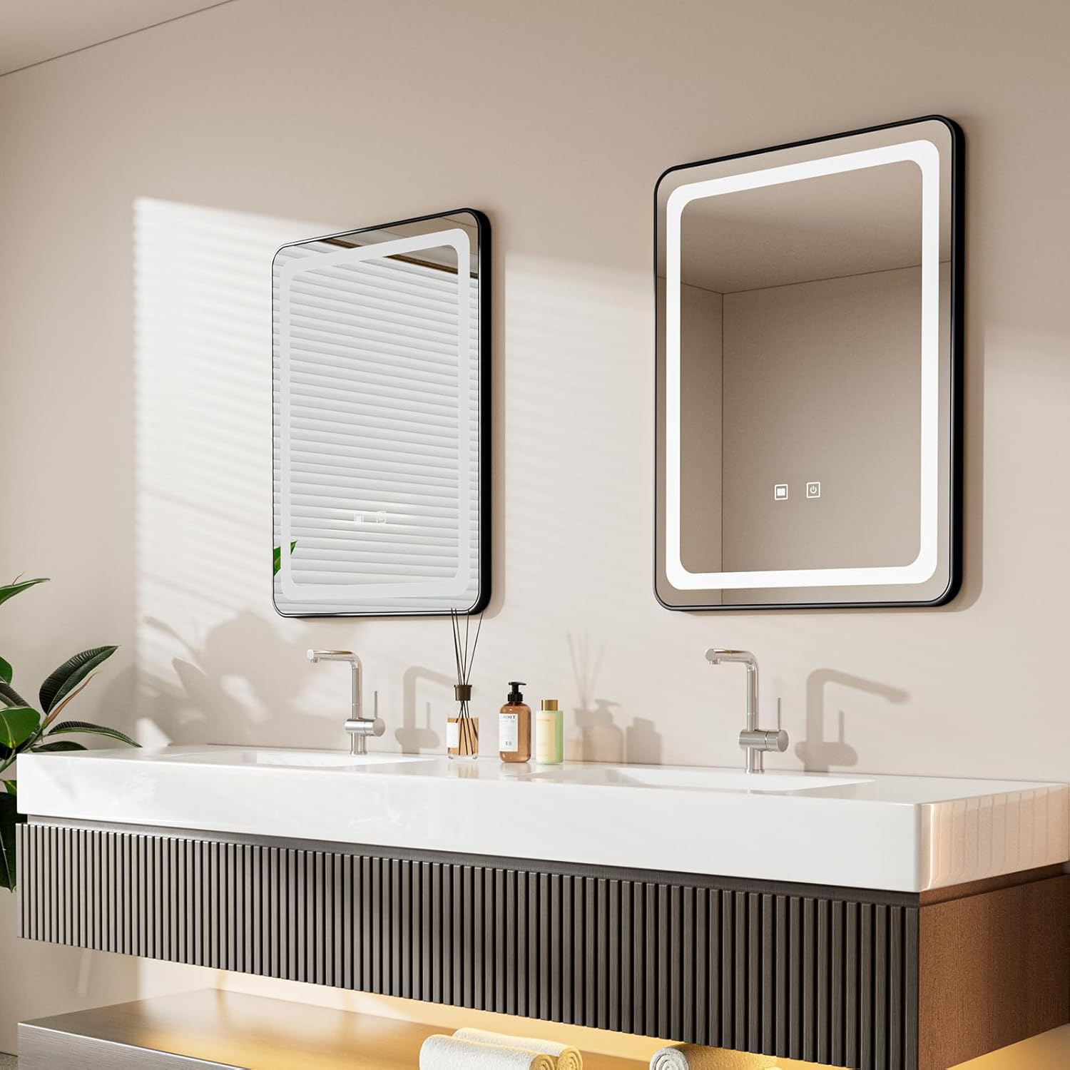 LED Bathroom Mirrors with Lights,24" x 36" Black Square LED Mirror for Bathroom,Fogless,3 Colors Dimmable, Touch Sensor