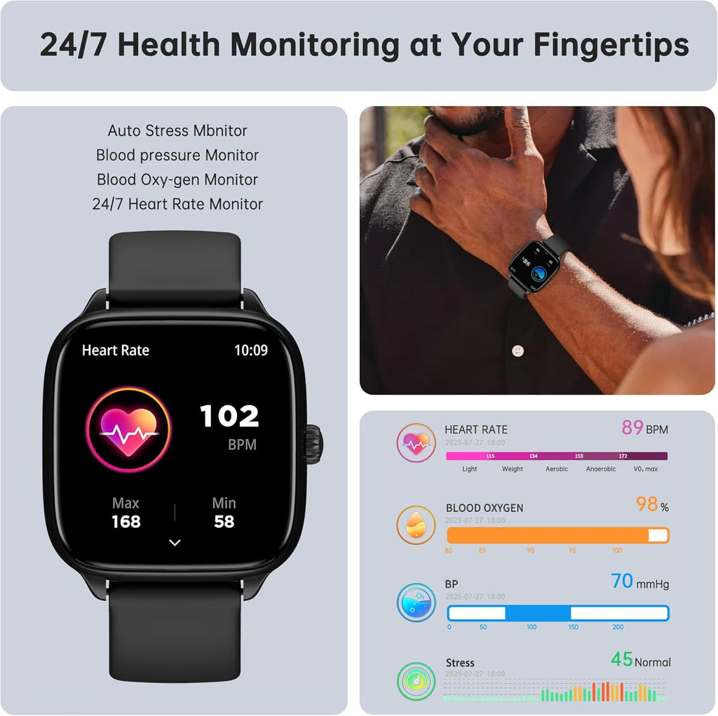 Health Fitness Tracker (Answer/Make Calls), Smart Watch with 24/7 Heart Rate Monitor, Activity Tracker with Blood Pressure, Blood Oxygen, 120+ Sport Modes Sleep Tracker for Women Men (Black)