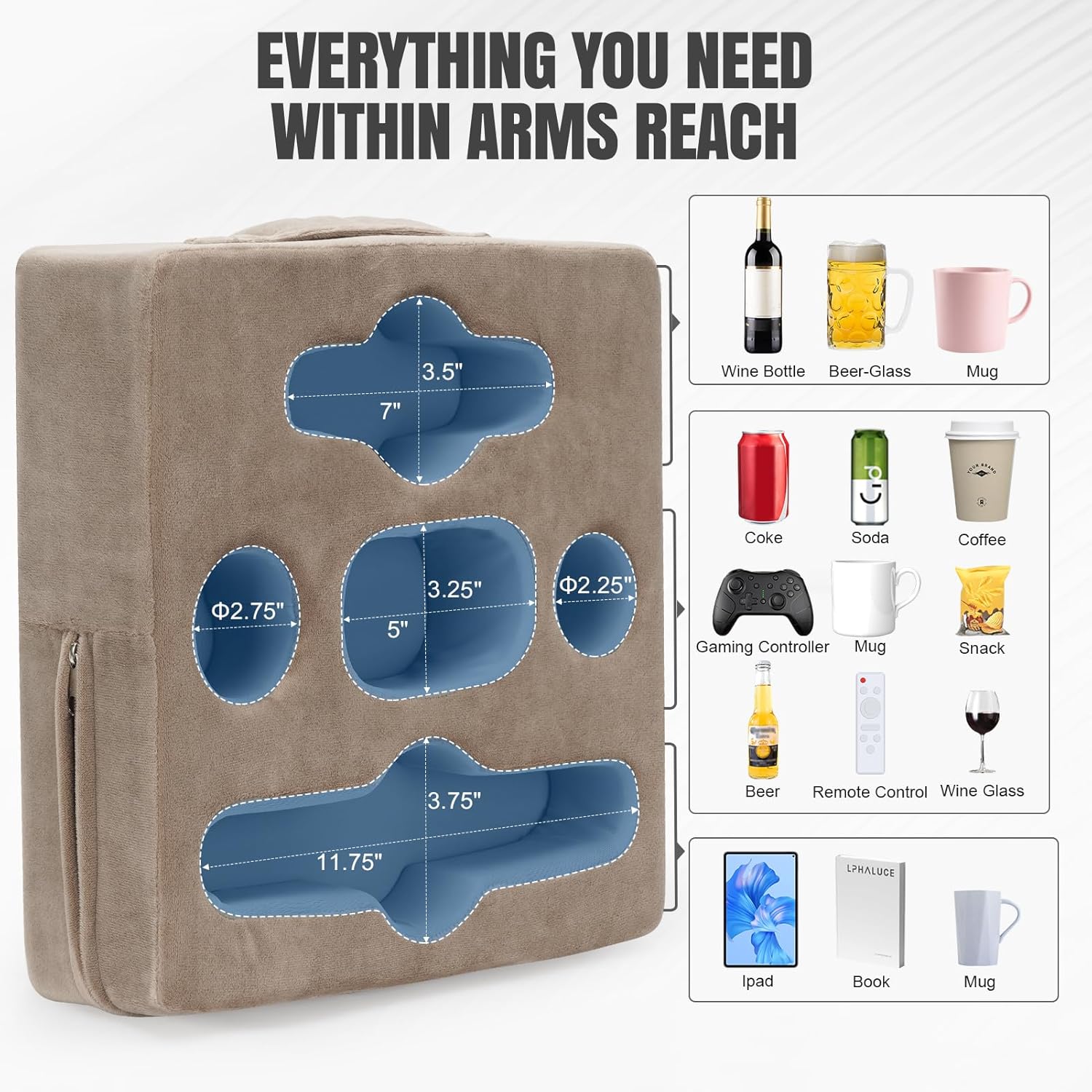 STBoo Couch Cup Holder Pillow Tray - Sofa Drink Cup Holder Cozy Buddy | Bed Caddy Organizer for Remote, Snacks Beverage, Phones, Tablet | Use it on Car, Pack, Beach, RV, Boat, Bedroom (Light Brown)