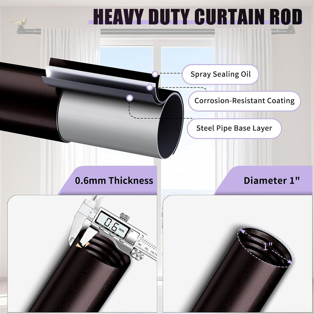 Curtain Rods 36"-120" Vintage Oil Bronze Curtain Rods for Windows Adjustable Drapery Rod with Bird Finials Heavy Duty Brown Curtains Rod for Living Room Bedroom