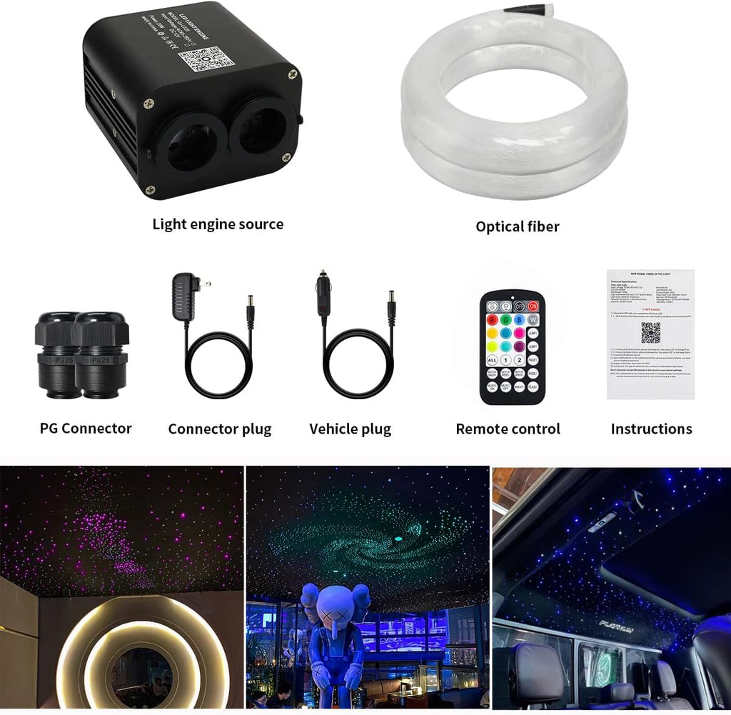 AZIMOM Dual Color 20W Twinkle 1000pcs Fiber Optic Starlight Headliner Kits 0.03in 13.1ft Fiber Strands End Glow Sound Activated Remote APP Control RGBW Light Source Home Ceiling Car Headliner Décor