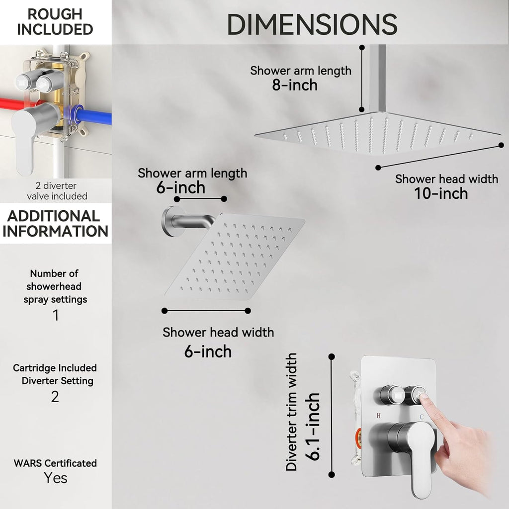 Shower Faucet Set Brushed Nickel Shower System, STARBATH 10" Ceiling Mount Rain Showerhead and 6" Wall Mounted Rainfall Shower for Couples, On Off Button Valve Dual Head Shower Systems Complete