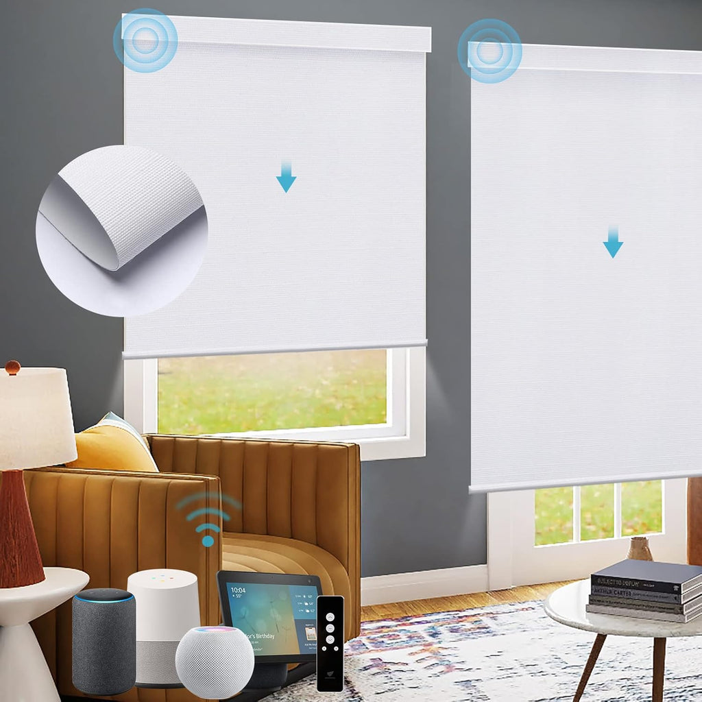 SmartWings Motorized Roller Shades Work with Homekit, Alexa Google, 100% Blackout Smart Blinds for Windows, Cordless Remote Control Window Shades, Essential White, Customized Size
