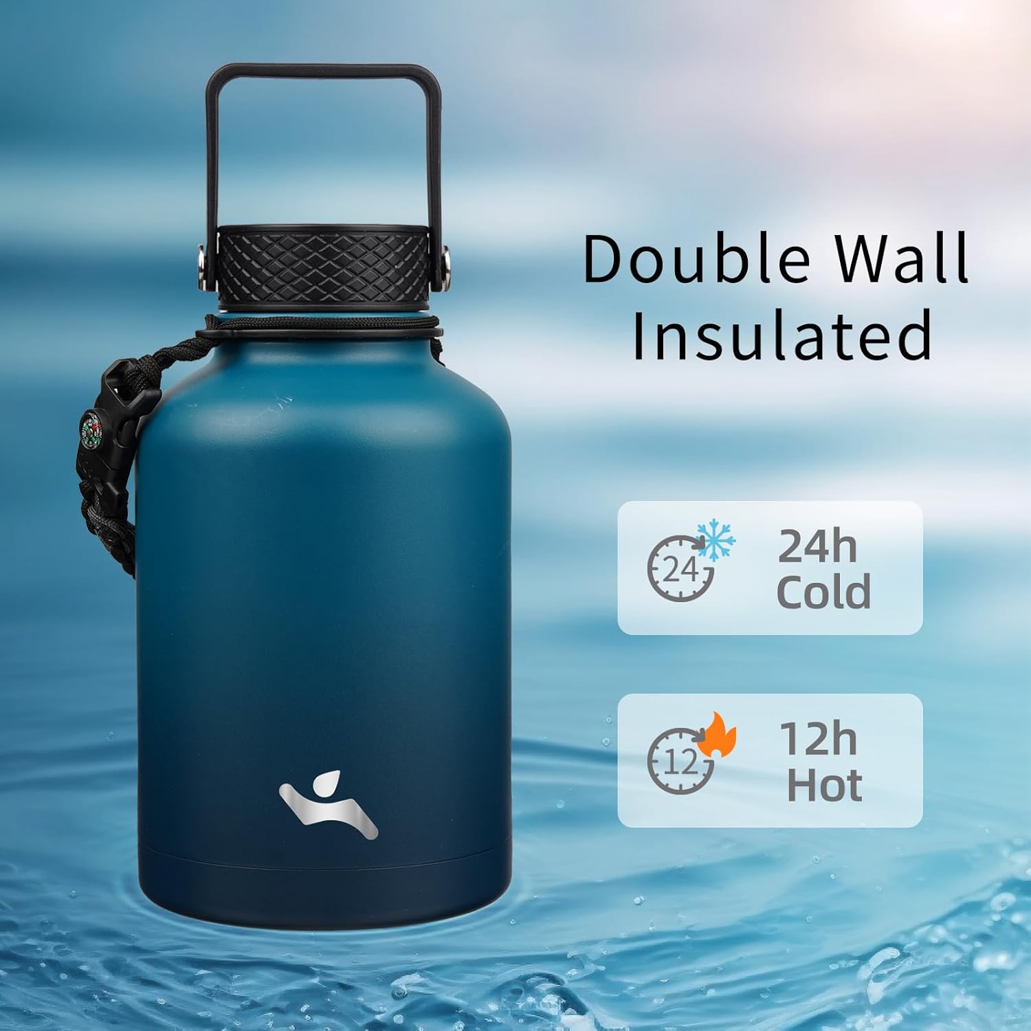 Insulated Water Bottle with Straw,50 oz 3 Lids Water Jug with Carrying Bag,Paracord Handle,Double Wall Vacuum Stainless Steel Metal Flask,Indigo Black