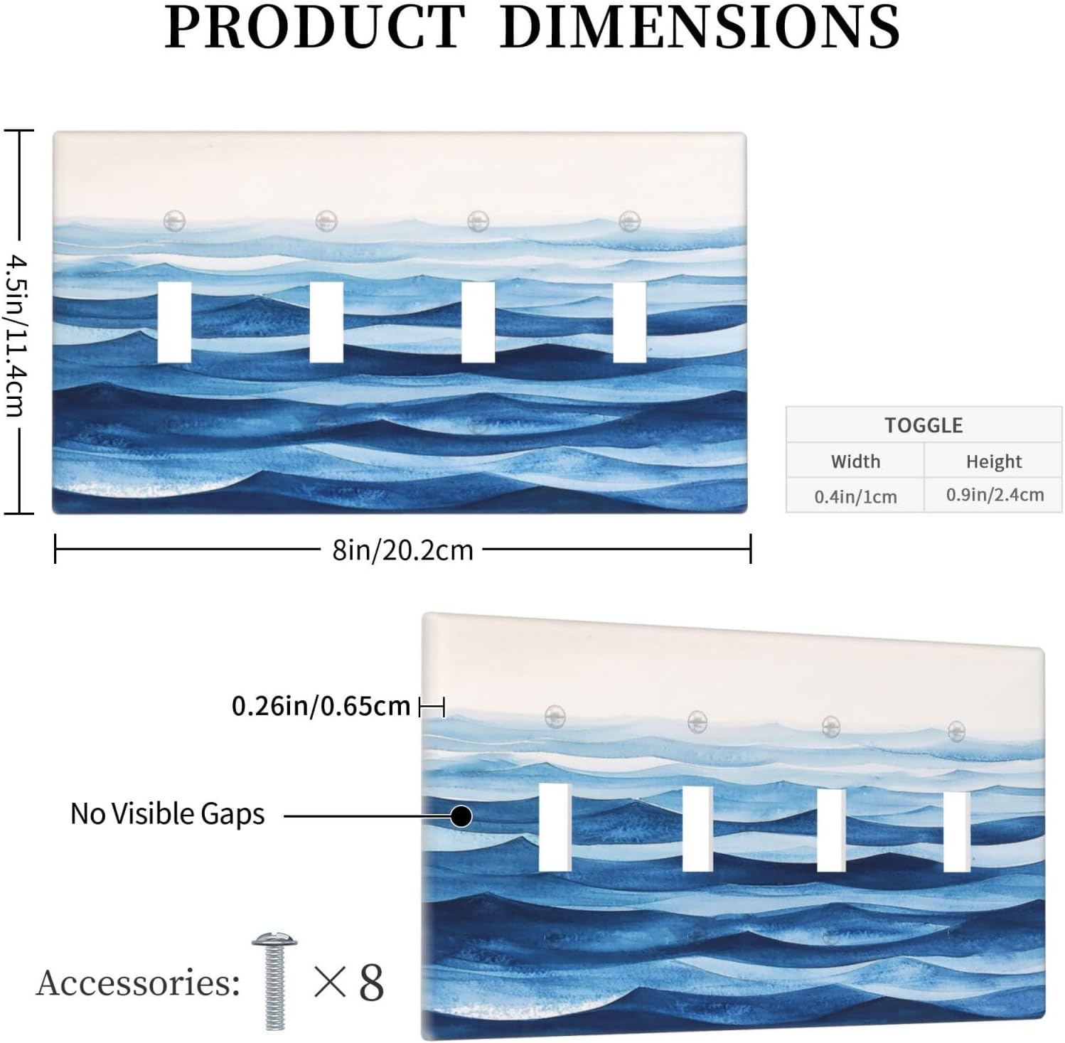 Light Switch Cover Plate Blue Watercolor Textured Abstract Ocean Wave 4 Gang Quad Toggle Wall Plate Electrical Outlet Cover Decorative Switch Plate Covers for Bedroom living Room Decor