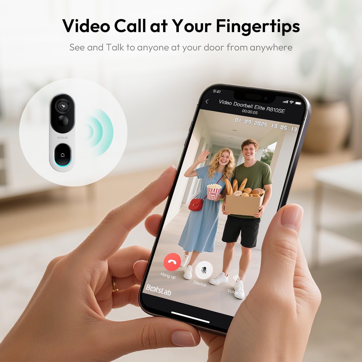 BOTSLAB 2K Doorbell Camera Wireless, 180° Head-to-Toe View, No Monthly Fee, Video Doorbell with 2-Way Audio, Human Detection, 5200mAh Battery, 2.4Ghz WiFi