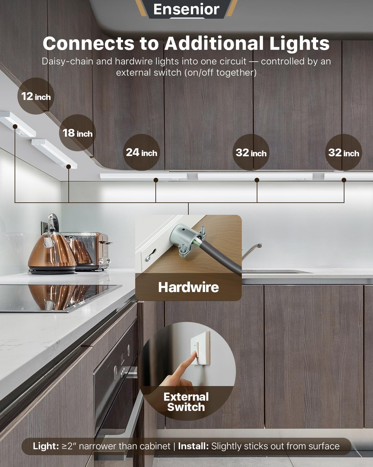 Ensenior 18 Inch LED Under Cabinet Lighting Hardwired, 5CCT, 10W 650LM, 2700K/3000K/3500K/4000K/5000K, Wired Under Cabinet Lights, Dimmable Under Counter Lights for Kitchen, FCC, 2 Packs