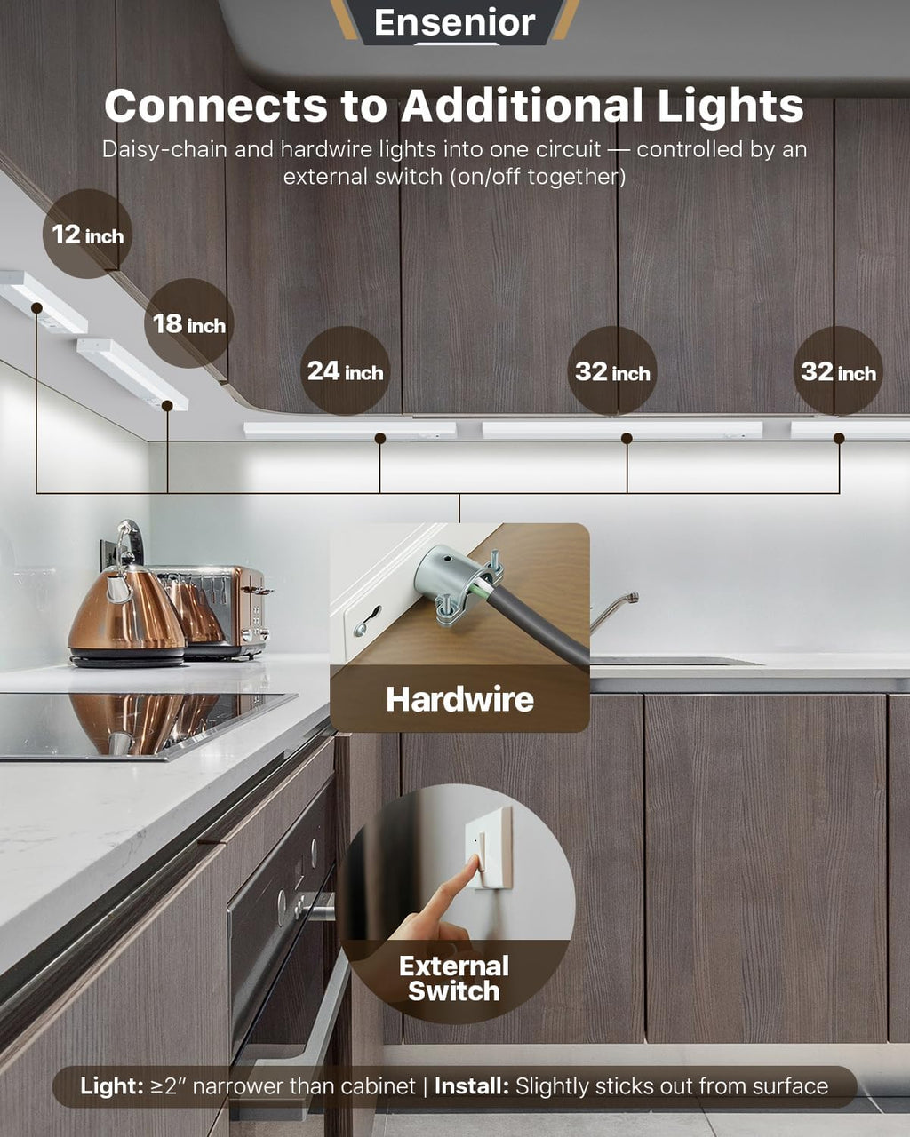 Ensenior 12 Inch LED Under Cabinet Lighting Hardwired, 5CCT, 8W 500LM, 2700K/3000K/3500K/4000K/5000K, Wired Under Cabinet Lights, Dimmable Under Counter Lights for Kitchen, FCC, 1 Pack