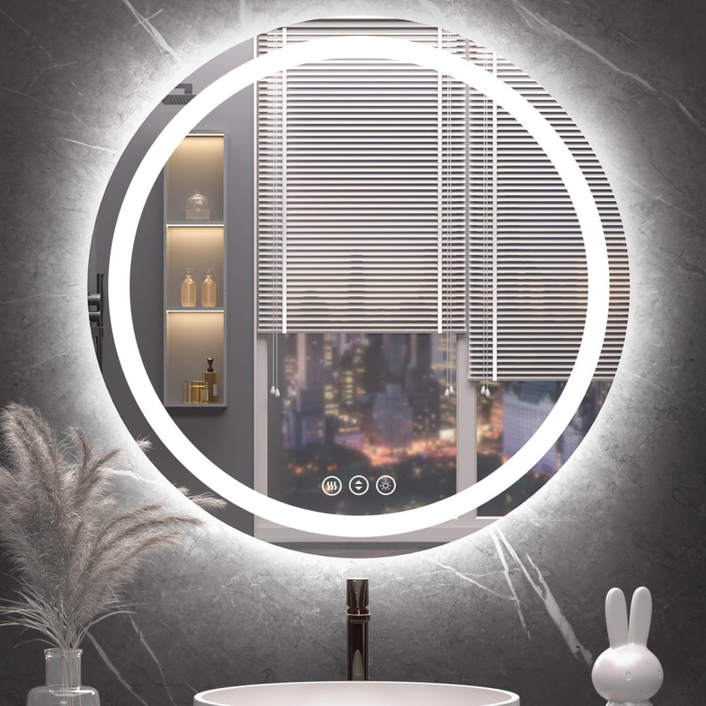 Round LED Bathroom Mirror with Lights, Backlit & Front Lighted, Wall-Mounted Vanity Mirror 3000K/4000K/6000K, Memory Functions, Anti-Fog, Dimmable Smart Mirror (Round 30" x 30")