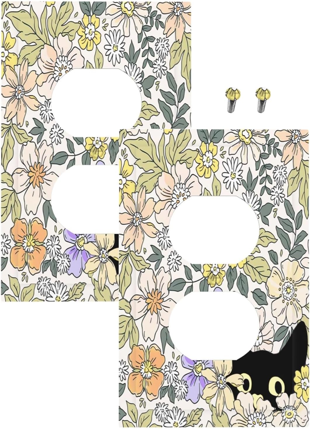 Decorative Outlet Covers Cute Black Cat in a Flower Patch Botanical Garden 1 Gang Duplex Light Switch Cover Plate Wall Plates Switch Plate Cover for Bedroom Home Decor（2 Pack）