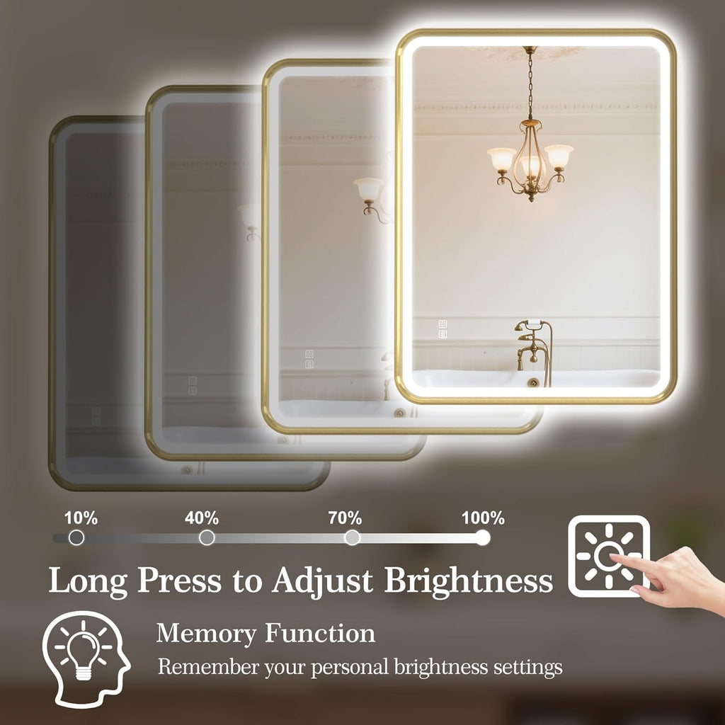 S'bagno 32X24 Gold LED Mirror for Bathroom with Frontlit & Backlit, LED Bathroom Mirror with Metal Frame, Anti-Fog, Stepless Dimmable, 3 Colors Temperature LED Vanity Mirror(Horizontal/Vertical)