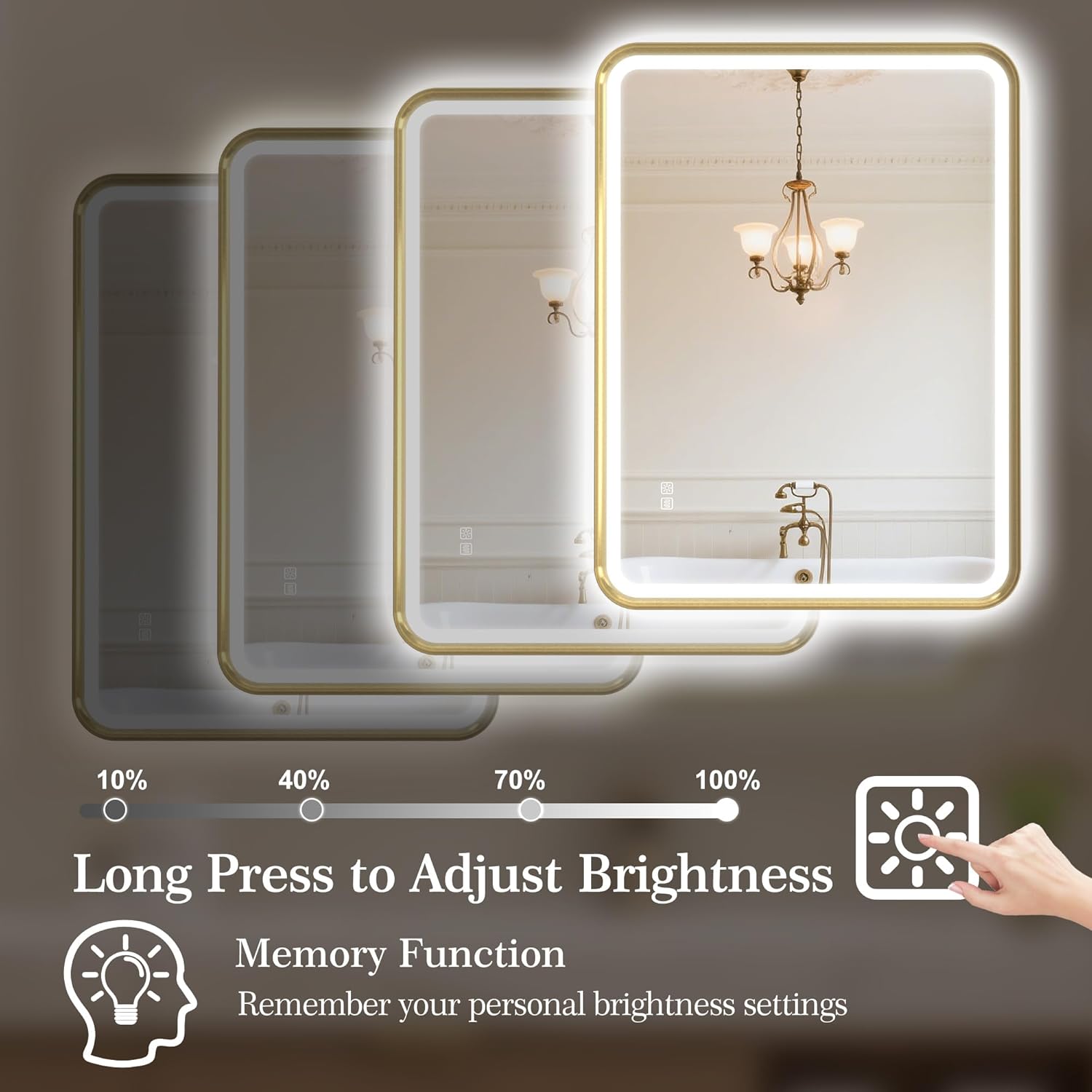 S'bagno 32X24 Gold LED Mirror for Bathroom with Frontlit & Backlit, LED Bathroom Mirror with Metal Frame, Anti-Fog, Stepless Dimmable, 3 Colors Temperature LED Vanity Mirror(Horizontal/Vertical)