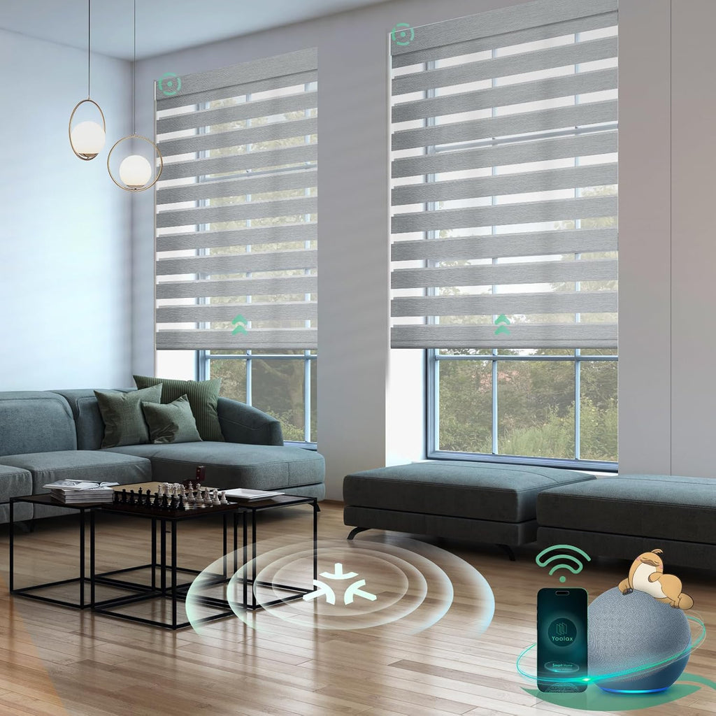 Yoolax Smart Blinds Motorized Matter Zebra Blinds Compatible with Alexa, Google Home, Apple Homekit,Window Shades Blackout Electric Custom Roll Up Indoor Cordless Zebra Blinds for Home(Sheer Gray)