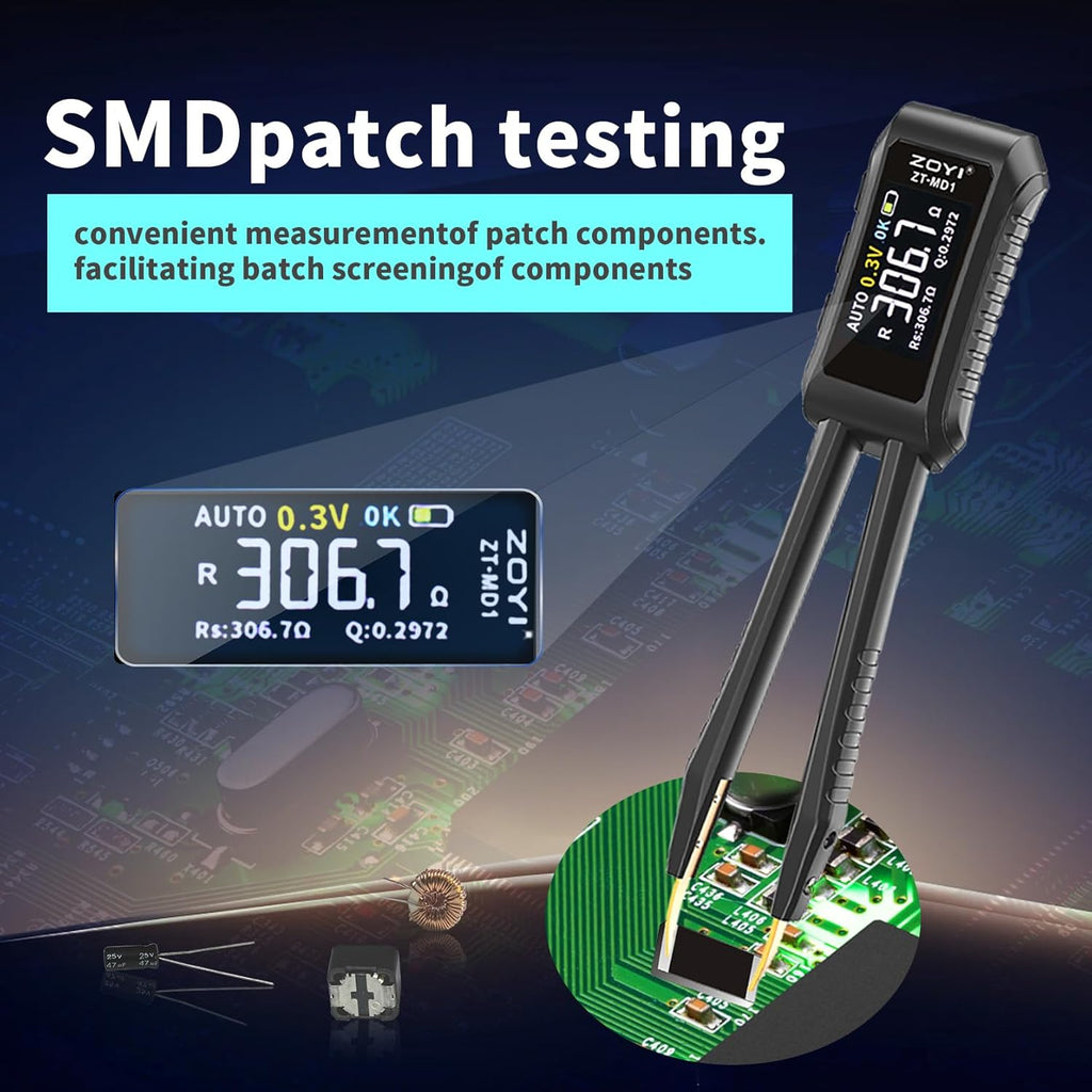 LCR Meter Zoyi MD1 Bridge SMD Test Clip with OLED Display, Auto Identification, 10mΩ-10MΩ Resistance, 1pF-20mF Capacitance, 1uH-60H Inductance, Lithium Battery Powered, Portable for Electronic Repairs
