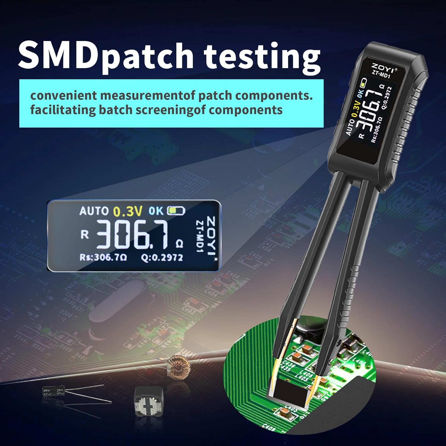 LCR Meter Zoyi MD1 Bridge SMD Test Clip with OLED Display, Auto Identification, 10mΩ-10MΩ Resistance, 1pF-20mF Capacitance, 1uH-60H Inductance, Lithium Battery Powered, Portable for Electronic Repairs