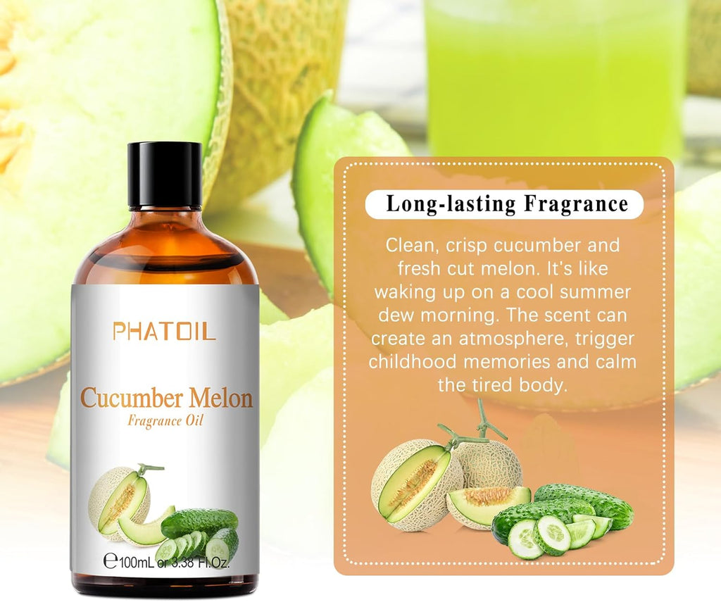 PHATOIL 3.38FL.OZ Cucumber Melon Fragrance Oils for Aromatherapy, Essential Oils for Diffusers for Home, Perfect for Diffuser, Yoga, Skin Care, DIY Candle and Soap Making - 100ml