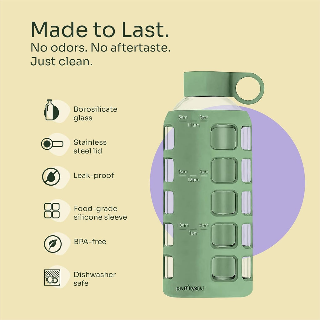purifyou 40oz / 32oz / 22oz / 12oz Borosilicate Glass Water Bottle with Time & Volume Markers, Silicone Sleeve, Stainless Steel Lid | Reusable Glass Bottle for Water & Juice (22oz Shale Green)