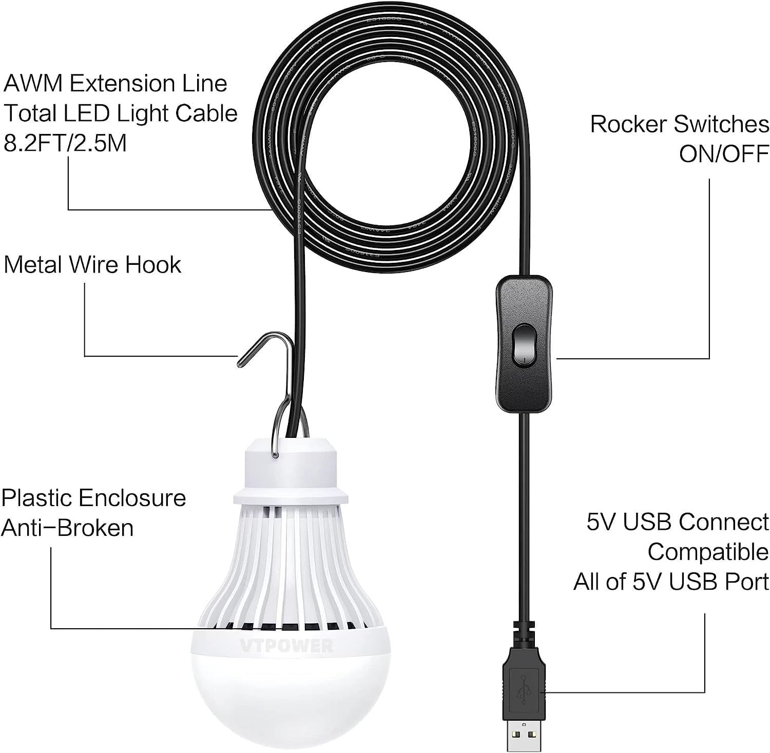 4 Pack USB LED Camping Lantern, 8.2 ft Extra Length Cord Tent Light with USB Y-Cable, Portable LED Bulb for Garage, Warehouse, Car, Truck, Fishing Boat, Room Emergency Light, White