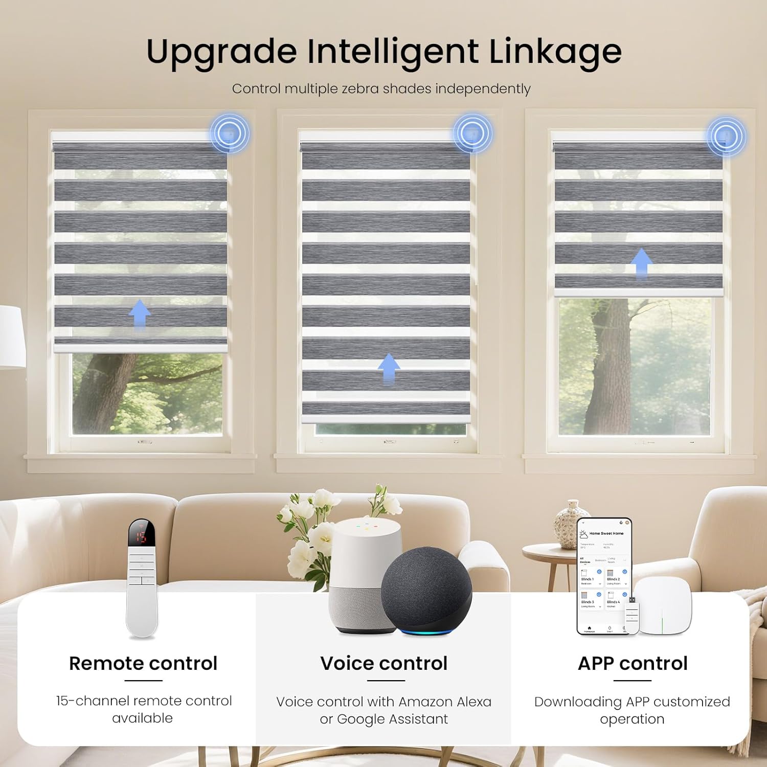 Grandekor Motorized Zebra Blinds with Remote Control,Smart Zebra Blinds for Windows,Electric Zebra Shades, Hemp Grey,29" W x 72" H