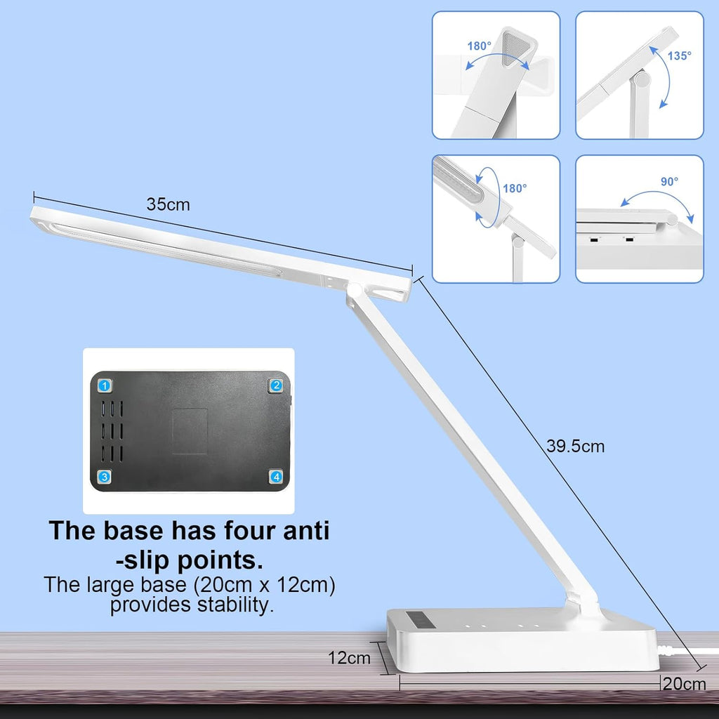 Smart Desk Lamp with 4-in-1 Charging Station (2 AC outlets, Type-C, USB-A Ports), 5 Color temperatures and 5 Brightness Levels, Adjustable gooseneck arm, Eye-Friendly Lighting for desks, bedrooms