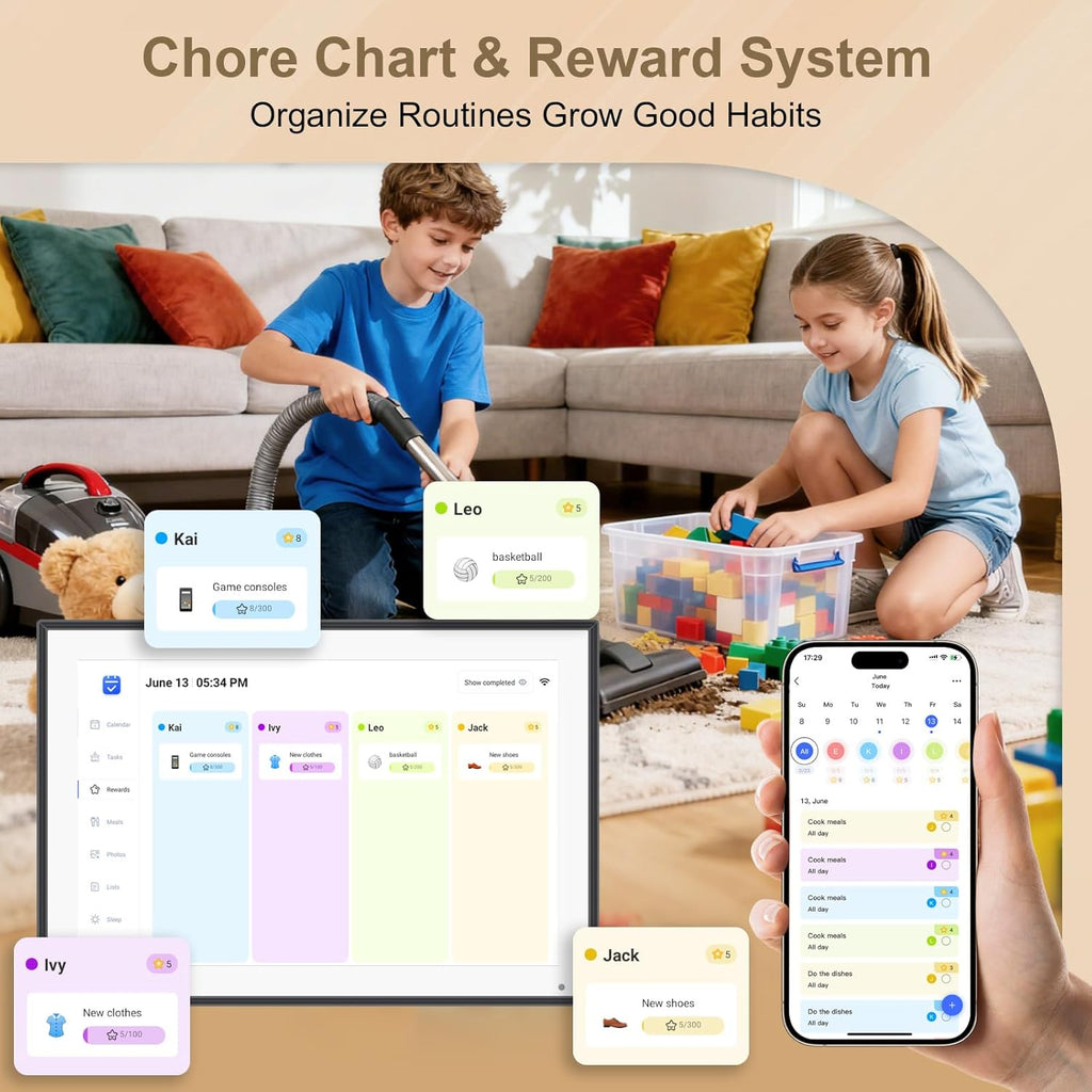 10.1 inch Digital Calendar & Chore Chart,Smart Touchscreen Interactive Display for Family Schedules, Wall & Desk Mountable, Digital Photo Frame Functon, Great for Organizing Your 2025 Calendar
