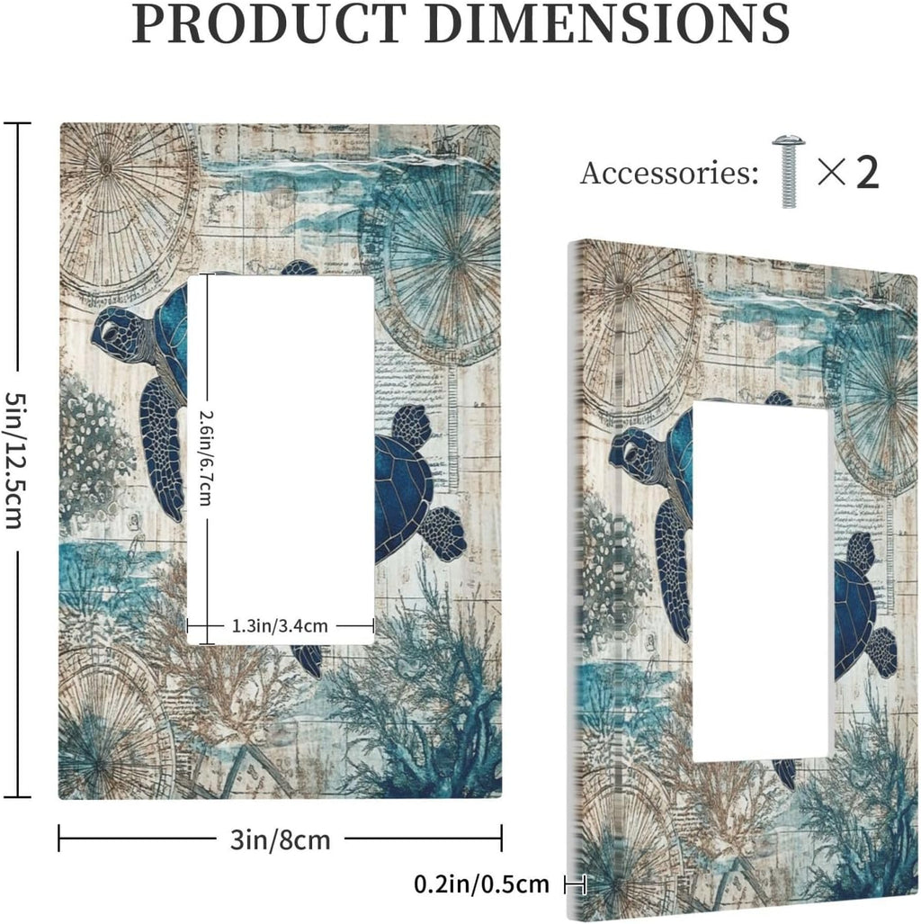 Blue Green Sea Turtle Tropical Ocean Coral Nautical Map Decorative Outlet Covers 1 Gang Single Rocker Light Switch Cover Plate Wall Plates Gfci Faceplate For Bed Room Bathroom Decor