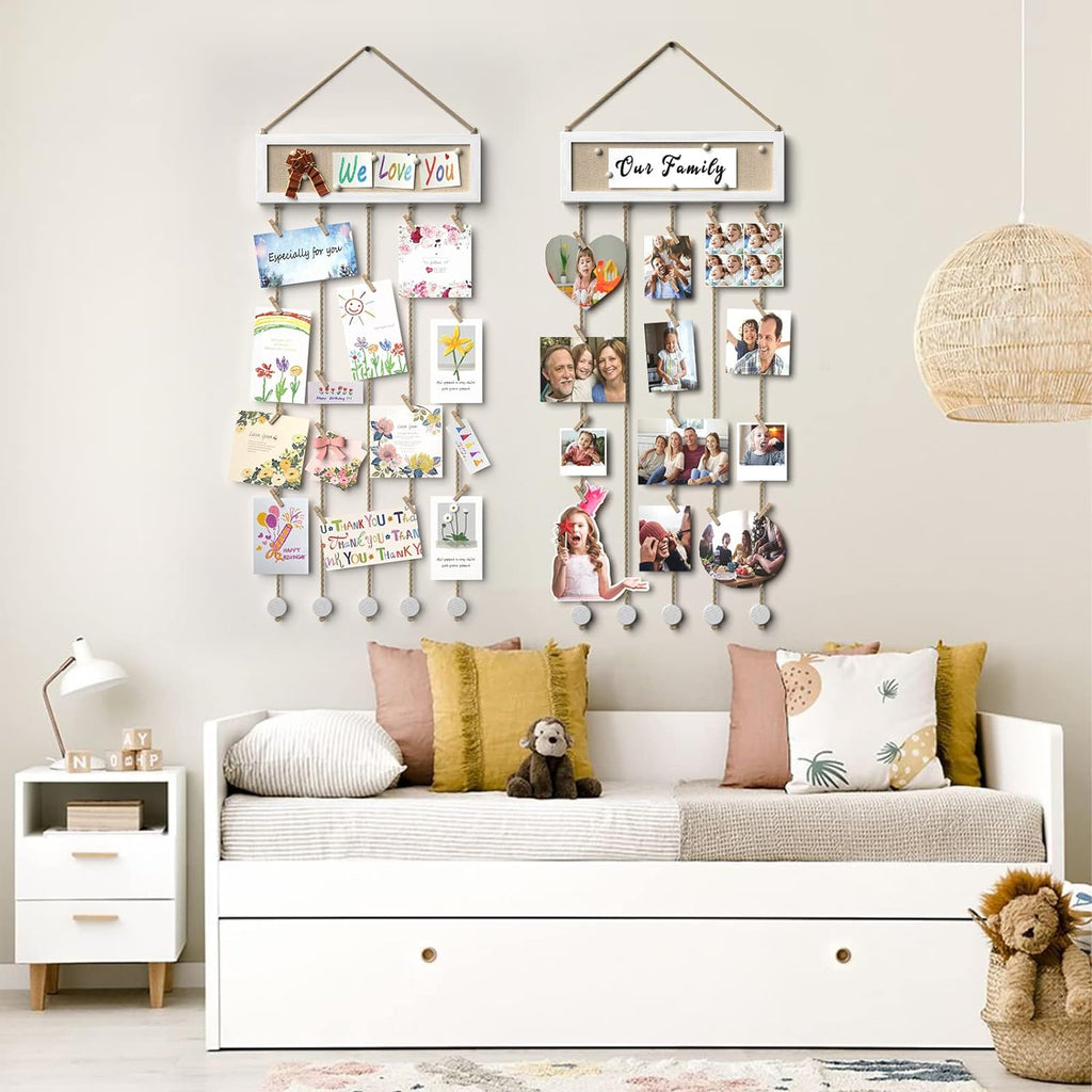 Bikoney Collage Picture Frames Hanging Photo Display Multi Pictures Organizer with Wood Bulletin Board Photo Board 30 Clips and 6 Pushpins for Room Wall Decor (White)